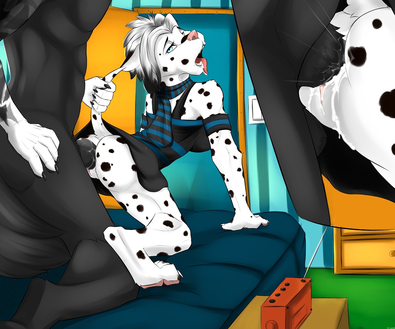 akkusky all_fours anthro avimcmillan bodily_fluids canid canine canis clothed clothing cum cum_in_vagina cum_inside dalmatian doggystyle domestic_dog duo e621 erection female female_penetrated from_behind_position genital_fluids genitals kara_resch kneeling knot knotting male male/female male_penetrating male_penetrating_female mammal no_underwear nude open_mouth penetration penile penile_penetration penis penis_in_vagina sex skimpy tail tail_grab thick_penis tongue tongue_out vaginal vaginal_knotting vaginal_penetration vulva wolf