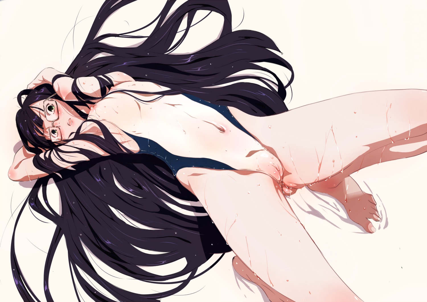 1girls asobi_ni_iku_yo! barefoot black_hair blush breasts erect_nipples feet female flat_chest futaba_aoi_(asobi_ni_iku_yo!) glasses green_eyes long_hair navel niko_(tama) nipples one-piece_swimsuit pussy rule34 see-through see-through_swimsuit simple_background solo swimsuit uncensored very_long_hair wet white_background
