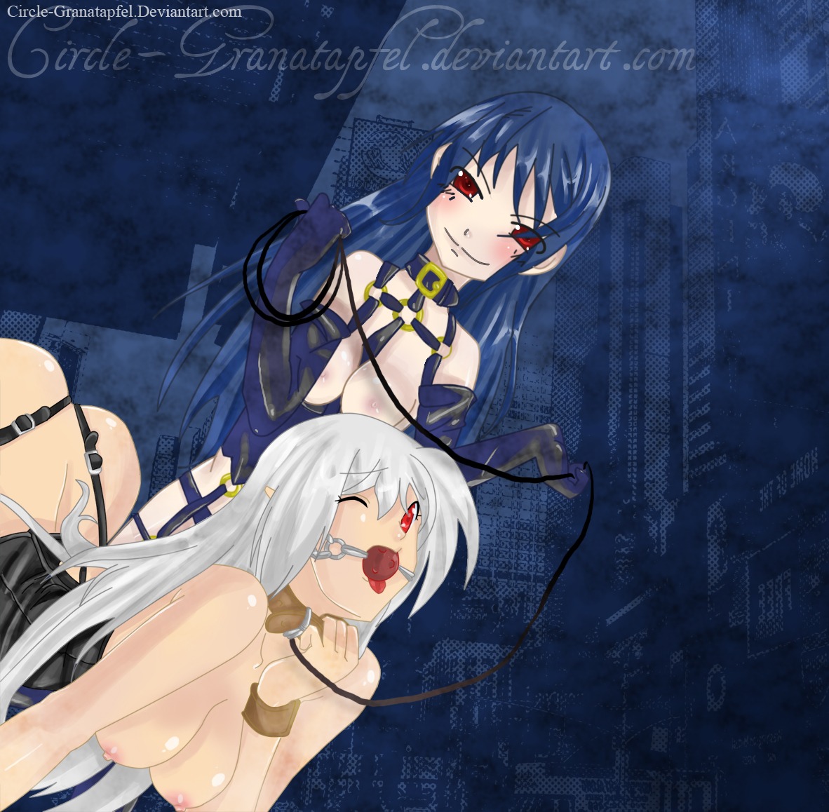 2girls anderwelt ball_gag blue_hair bondage breasts circle_granatapfel city cleavage dominatrix female female_only gag himmelskind multiple_females multiple_girls nipples red_eyes rule34 silver_hair text