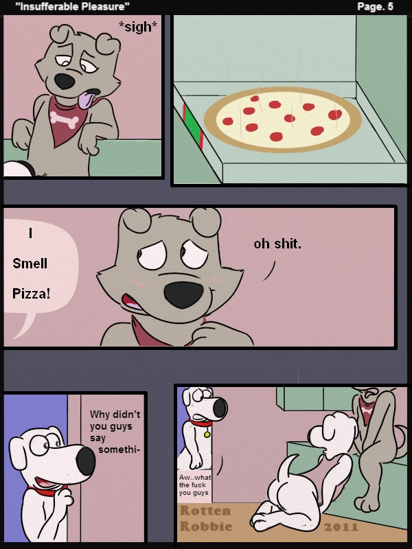 3:4 anthro black_eyes black_nose brian_griffin butt canid canine canis caught_in_the_act collar comic cousins_(lore) dialogue domestic_dog e621 english_text family_guy food fur grey_body grey_fur group jasper_(family_guy) male male/male male_penetrated male_penetrating male_penetrating_male mammal multiple_scenes new_brian oral penetration pizza rotten_robbie sex sigh text tongue tongue_out walk-in white_body white_fur