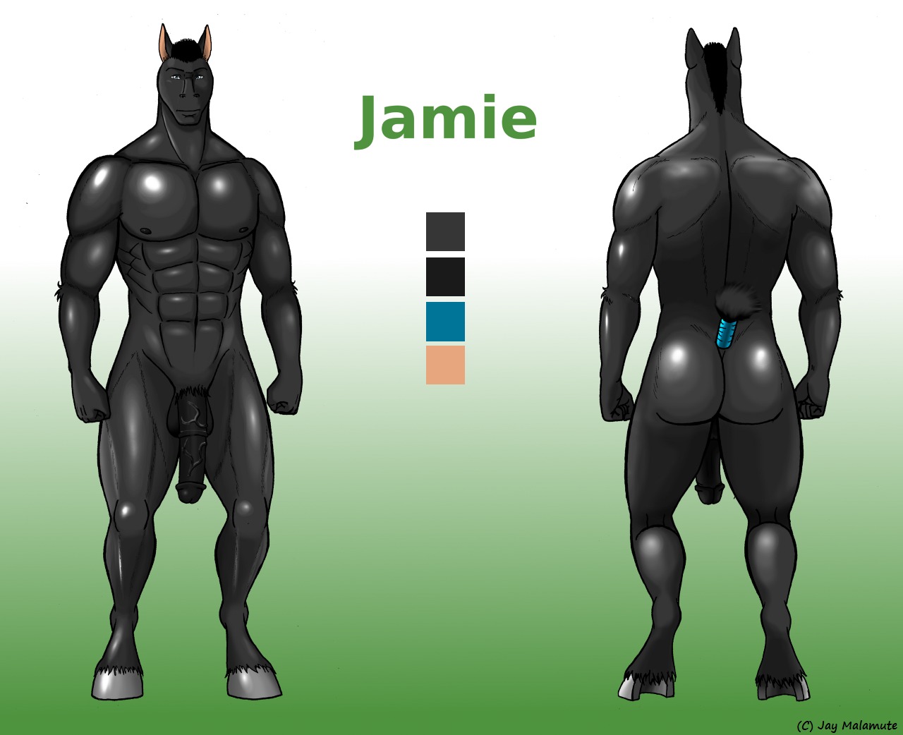 abs animal_genitalia animal_penis anthro athletic backsack balls biceps big_penis biped black_body black_fur black_hair black_nipples black_penis blue_eyes butt color_swatch dark_body dark_skin e621 equid equine equine_genitalia equine_penis fur genitals green_background grey_body grey_fur hair half-erect hooves horse jamie_gardner jay_malamute male mammal model_sheet mohawk muscular muscular_anthro nipples nude pecs penis pose presenting presenting_hindquarters pubes sheath simple_background solo standing tail tail_wraps vein wraps