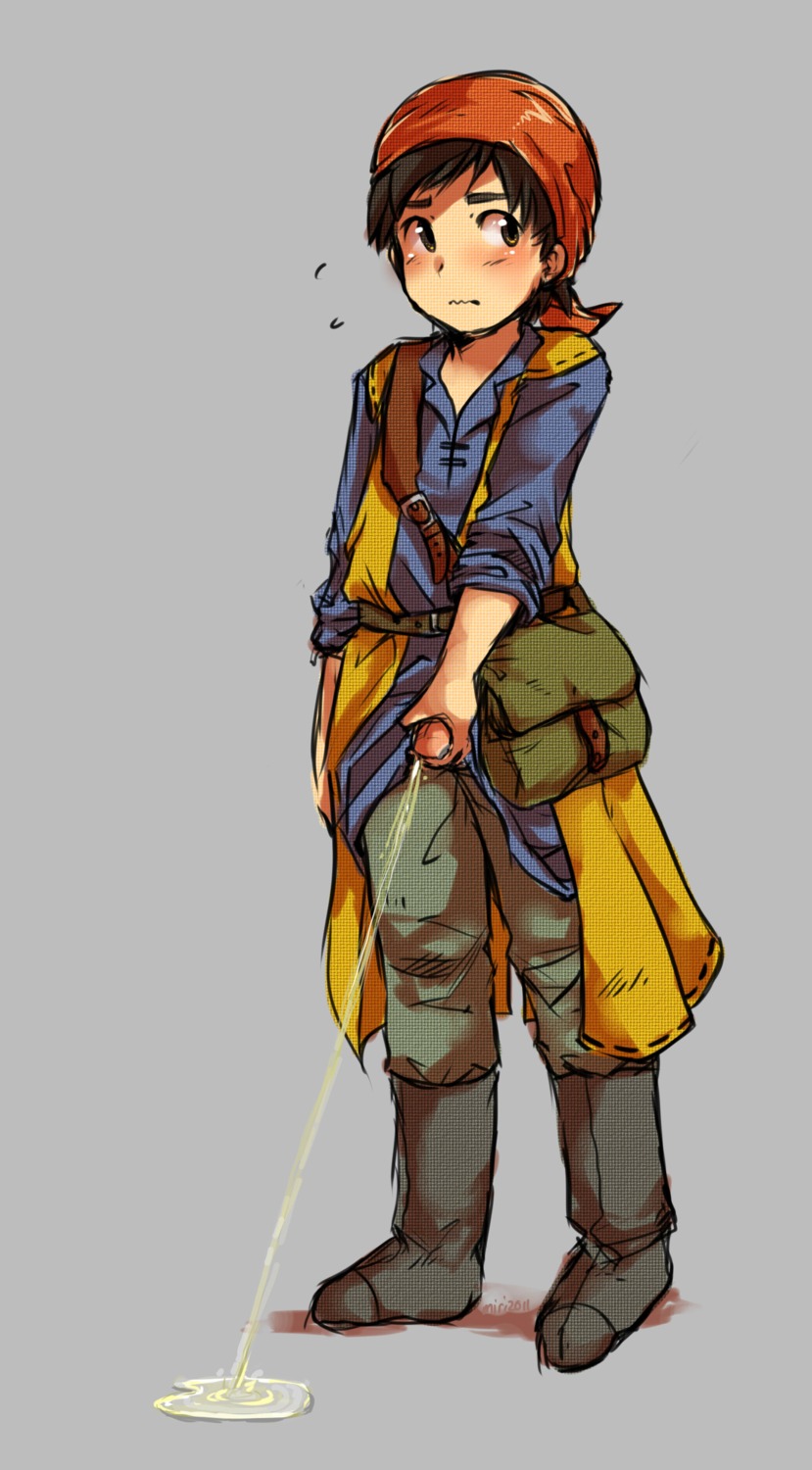 blush clothing dragon_quest dragon_quest_viii hero_(dq8) male male_only miri_hatomura peeing peeing_on_ground penis rule34 tagme urine