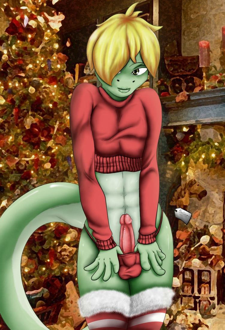 2010 anthro balls biped blonde_hair christmas clothing e621 erection femboy genitals hair holidays humanoid_genitalia humanoid_penis legwear lizard looking_at_viewer male panties penis pinup poisson_(character) pose poulet-7 reptile scalie solo stockings tail underwear