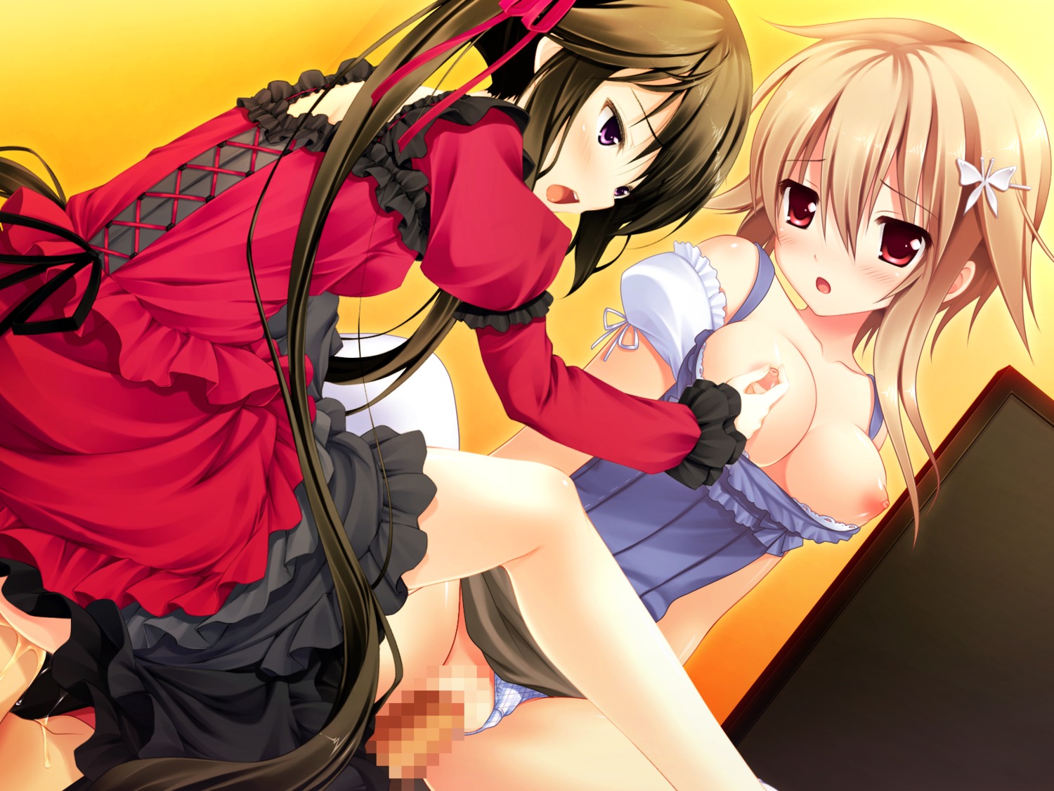 black_hair blush breasts brown_hair censored female game_cg kamishima_kaede lolita_fashion luna_lia makita_maki male mecha-con! nipples penis pussy rule34 sex yatake_tsubaki