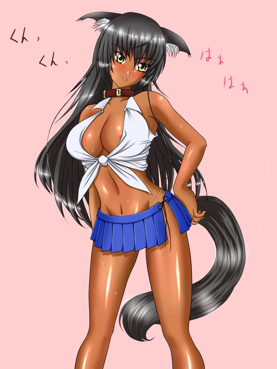 animal_ear blush breasts collar dark_skin female highres large_breasts nipples no_panties rule34 skirt tail