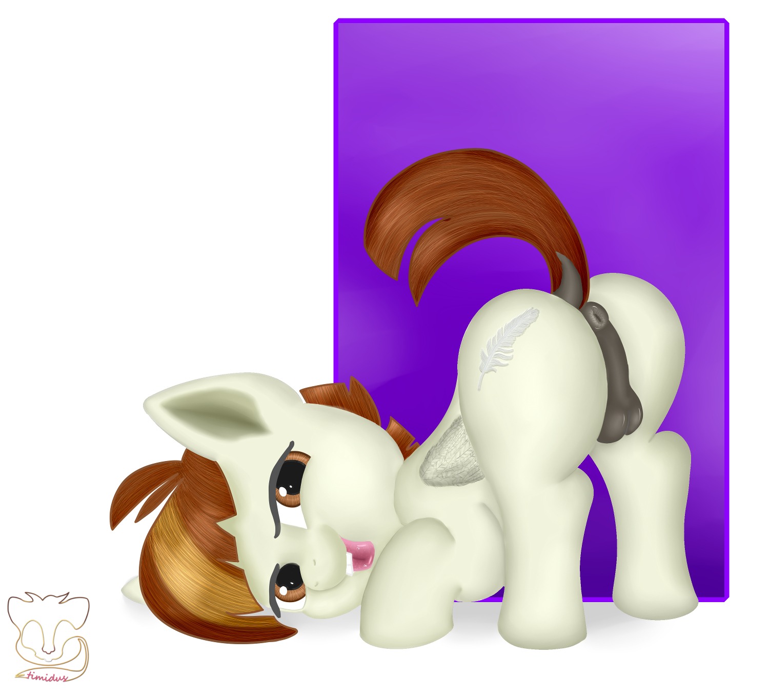 2014 anus ass_up backsack balls brown_body brown_eyes brown_feathers buckteeth butt cutie_mark e621 equid equine feathered_wings feathers featherweight_(mlp) feral friendship_is_magic fur genitals hair happy hasbro hi_res hooves looking_at_viewer lying male mammal my_little_pony mythological_creature mythological_equine mythology narrowed_eyes nude on_front pegasus presenting presenting_hindquarters short_hair simple_background smile solo squint teeth timidus tongue tongue_out white_background wings young young_feral young_male