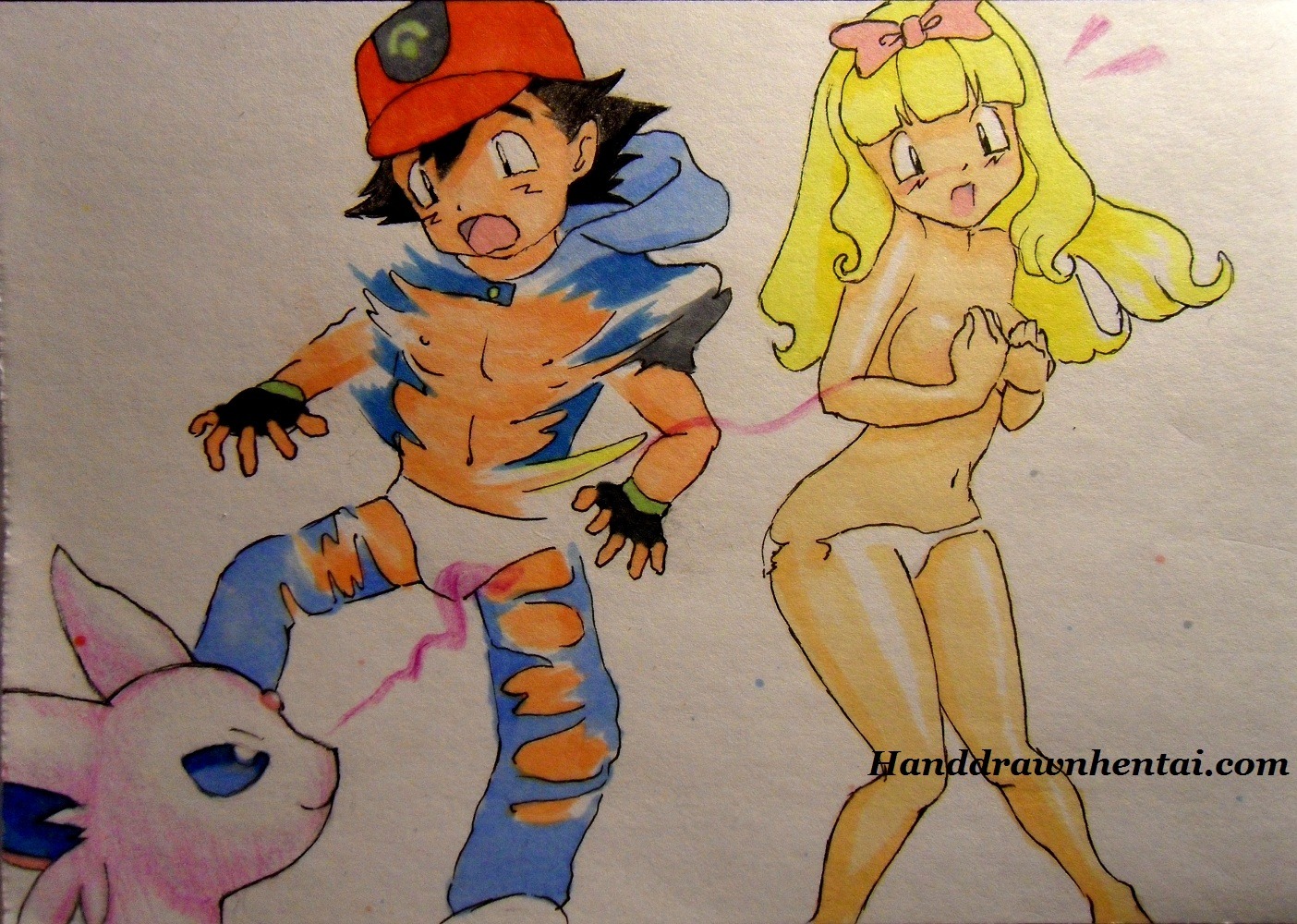 ash_ketchum ashley_(pokemon) blonde_hair bow breasts clothing eeveelution espeon female handdrawnhentai nintendo no_bra panties pokemon pokemon_(species) rule34 rule_63 transformation