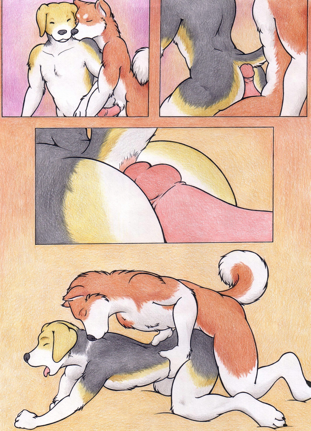 anal anal_penetration anthro canid canine canis colored_pencil_(artwork) comic domestic_dog duo e621 erection freckles_(artist) genitals hi_res humanoid_genitalia humanoid_penis male male/male male_penetrated male_penetrating male_penetrating_male mammal multiple_scenes nude penetration penis sex tail traditional_media_(artwork)