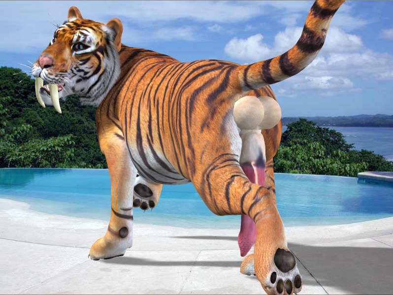 3d_(artwork) all_fours animal_genitalia backsack balls beach big_balls big_penis cloud digital_media_(artwork) e621 erection fangs felid feral fur genitals letterbox looking_at_viewer male mammal orange_body orange_fur outside pantherine penis prehistoric_species presenting raised_tail realistic_feral saber-toothed_tiger seaside sky solo tail tapiko teeth tiger white_body white_fur