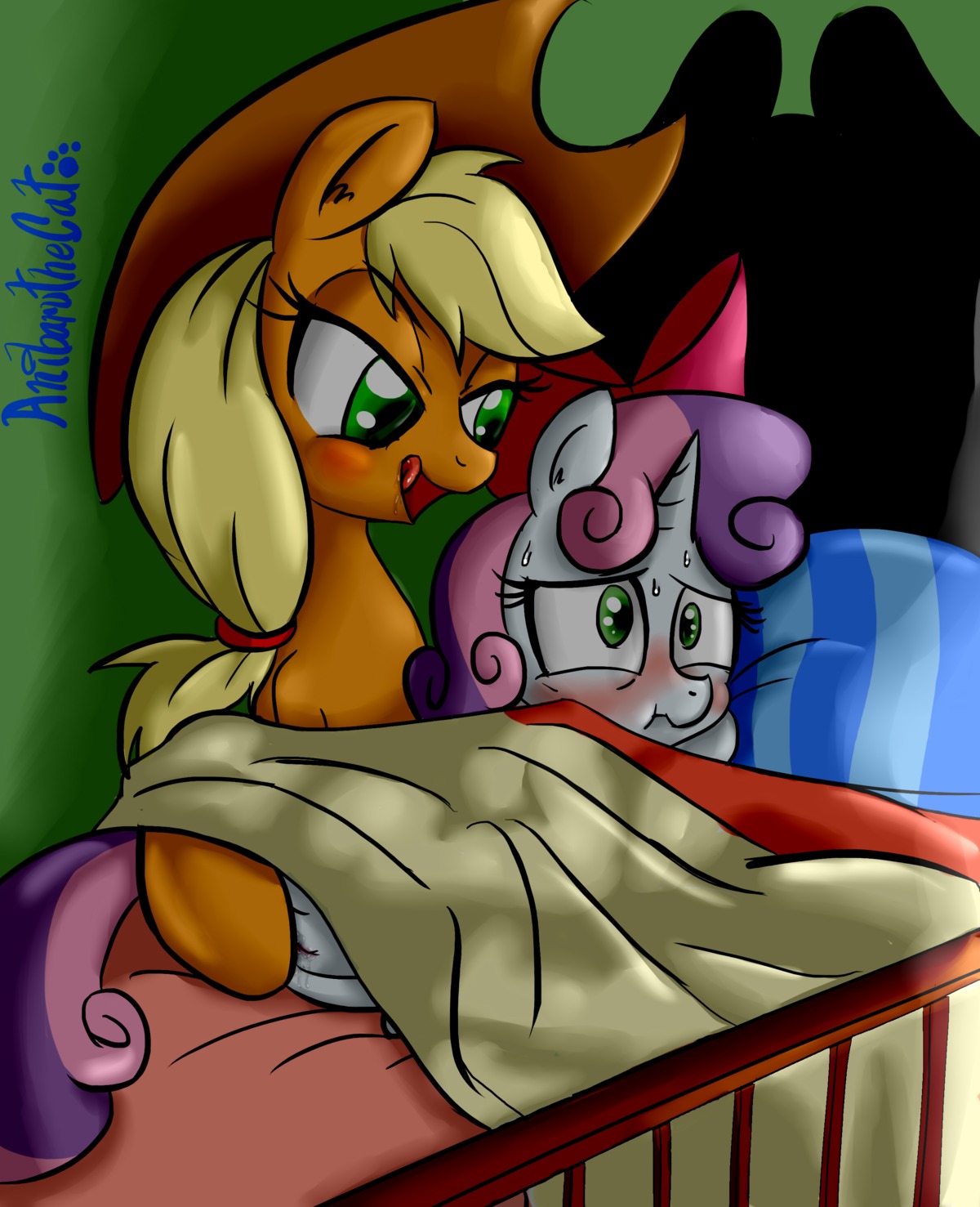 2014 absurd_res accessory anibaruthecat applejack_(mlp) bed blonde_hair blush bodily_fluids bow_(feature) bow_accessory bow_ribbon clothing cowboy_hat digital_media_(artwork) duo e621 earth_pony equid equine female female/female feral friendship_is_magic fur furniture genital_fluids genitals green_eyes hair hair_accessory hair_bow hair_ribbon hasbro hat headgear headwear hi_res horn horse inside loli long_hair lying mammal my_little_pony mythological_creature mythological_equine mythology open_mouth orange_body orange_fur pillow pony ribbons saliva sexual_assault sweat sweetie_belle_(mlp) tongue unicorn vaginal_fluids vulva white_body white_fur young young_feral