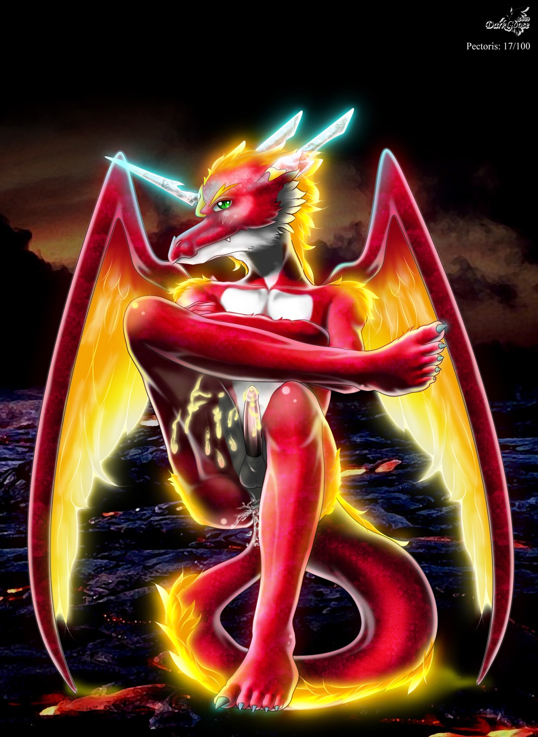 anthro anus balls biped bodily_fluids cum dragon e621 erection feathered_dragon feathered_scalie feathered_wings feathers genital_fluids genitals green_eyes hi_res horn looking_at_viewer male mythological_creature mythological_scalie mythology non-mammal_balls nude penis scalie sitting solo tail unknown_artist wings