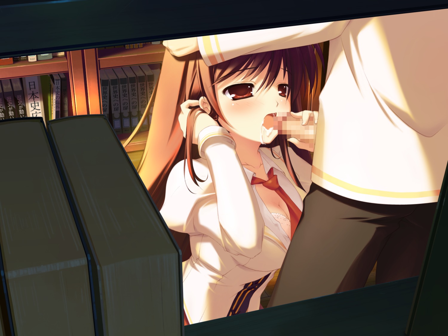 blush censored cleavage cum fellatio female game_cg kiss_x_demon_lord_x_darjeeling kuyou_sarasa male mikeou oral penis red_eyes rule34 tie