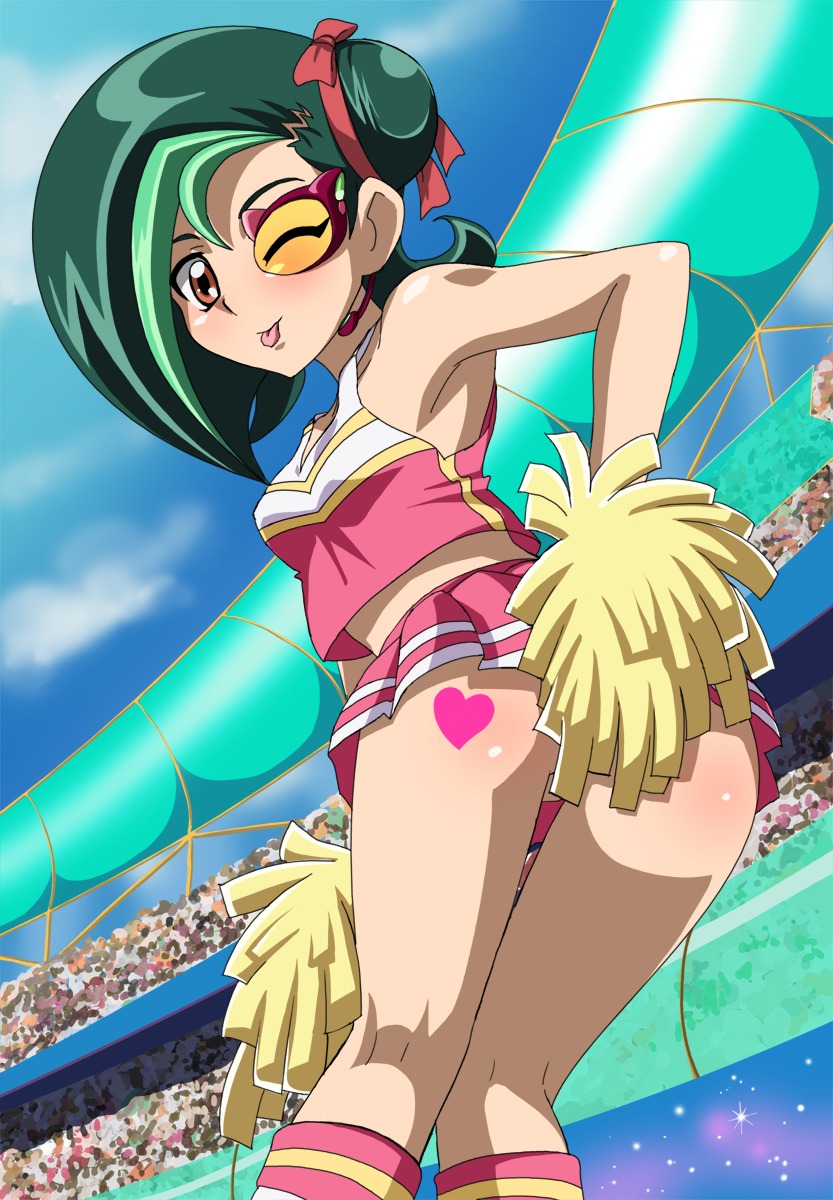 1girls ass audience background_characters blush brown_eyes cheerleader duel_gazer female green_hair hi_res kotori_mizuki looking_back no_panties public rule34 short_hair skirt solo_focus tongue tongue_out tori_meadows wink yu-gi-oh! yu-gi-oh!_zexal