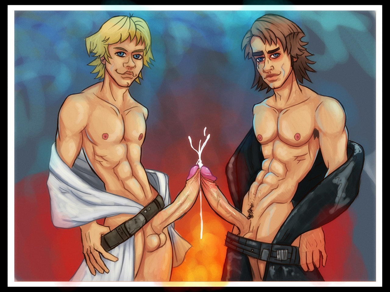anakin_skywalker anma balls belts blonde_hair blue_eyes bottomless brown_hair cum cum_dripping ejaculation erect_nipples facial_scar father_and_son foreskin fully_retracted_foreskin gay hairy_armpits incest long_penis looking_at_viewer luke_skywalker male male_only multiple_boys multiple_males muscular mutual_orgasm nipples open_clothes orgasm partially_retracted_foreskin penis penises_touching pubic_hair retracted_foreskin rule34 star_wars straight_hair sweat sweaty sweaty_armpits tagme uncircumcised yaoi