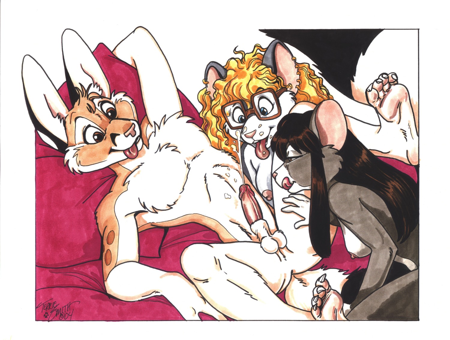 2004 absurd_res animal_genitalia anthro balls bassariscus bent_legs bent_over blonde_hair blue_eyes bodily_fluids breasts brown_eyes brown_hair butt cacomistle chester_ringtail_magreer claws cum e621 ear_piercing ejaculation erection eyewear feet female fur genital_fluids genitals glasses grey_body grey_fur group hair havoc_inc. hi_res hindpaw humanoid_genitalia humanoid_penis kneeling legs_up licking licking_lips long_hair lying male male/female mammal markings mouse mousey_love_girls murid murine nipples nude on_back orgasm paws penis piercing pillow pink_eyes pink_nipples pink_nose procyonid ring_(marking) ringed_tail rodent self_lick sex sheath signature spread_legs spreading striped_markings striped_tail stripes tail tail_markings terrie_smith toe_claws tongue tongue_out traditional_media_(artwork) white_body white_fur