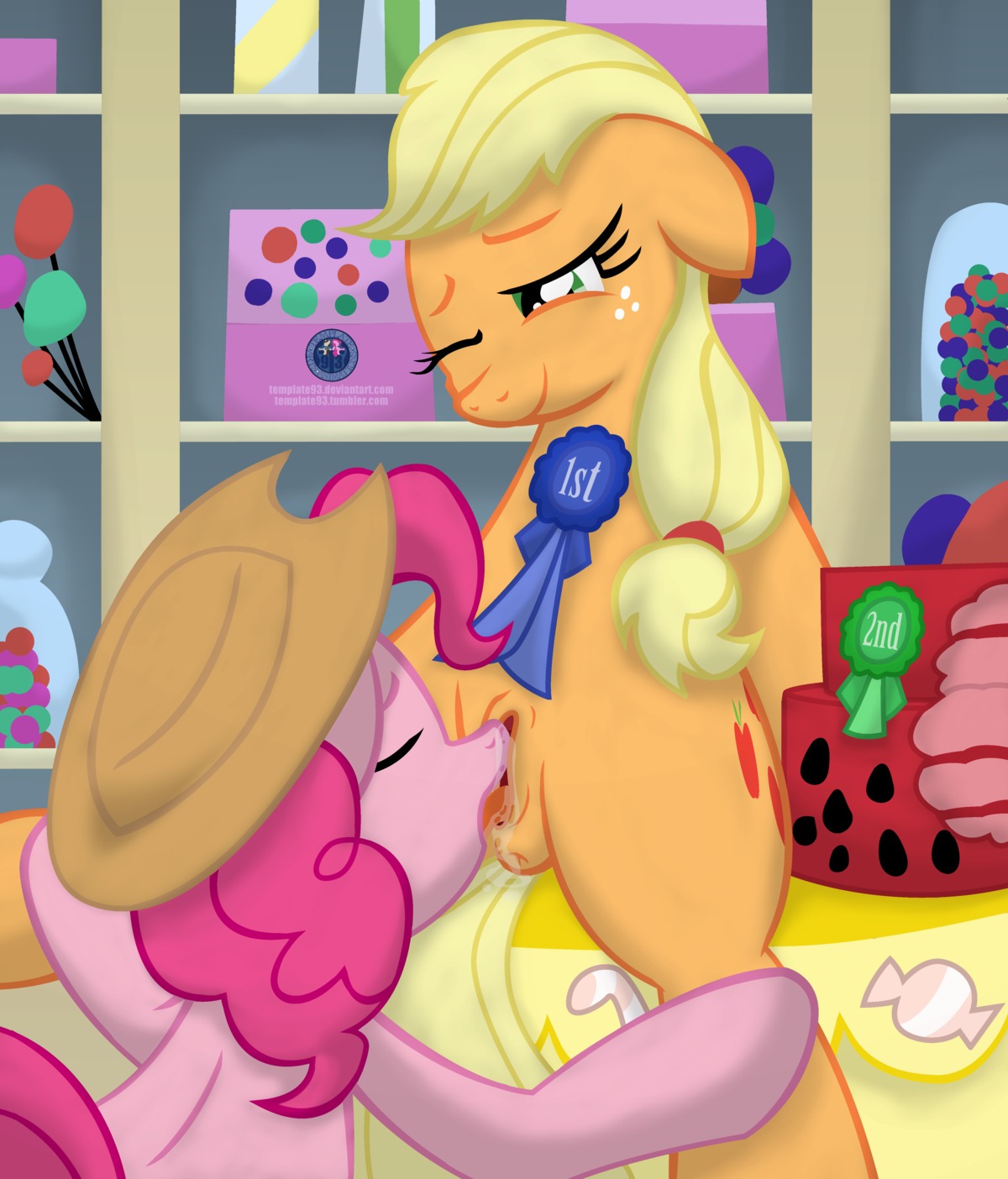 2013 absurd_res applejack_(mlp) blonde_hair cake clothing cowboy_hat cunnilingus cutie_mark dessert duo e621 earth_pony equid equine female female/female feral food freckles friendship_is_magic fur genitals green_eyes hair hasbro hat headgear headwear hi_res horse inside mammal my_little_pony one_eye_closed oral orange_body orange_fur pink_body pink_fur pink_hair pinkie_pie_(mlp) pony sex template93 vaginal vulva