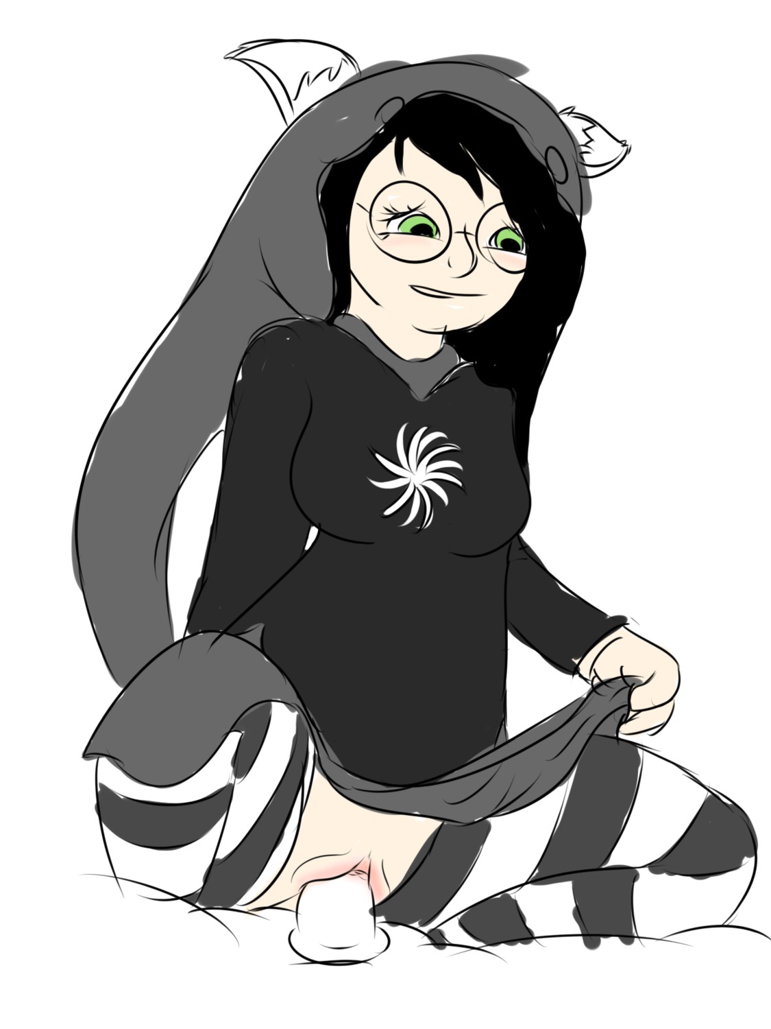 black_hair blush bottomwear clothing dildo dildo_in_vagina dildo_insertion dildo_sitting e621 eyewear female genitals glasses god_tier green_eyes hair hi_res homestuck hood human jade_harley legwear mammal ms_paint_adventures not_furry penetration sex_toy sex_toy_in_vagina sex_toy_insertion shirt skirt solo stockings thigh_highs topwear unknown_artist vaginal vaginal_penetration vulva