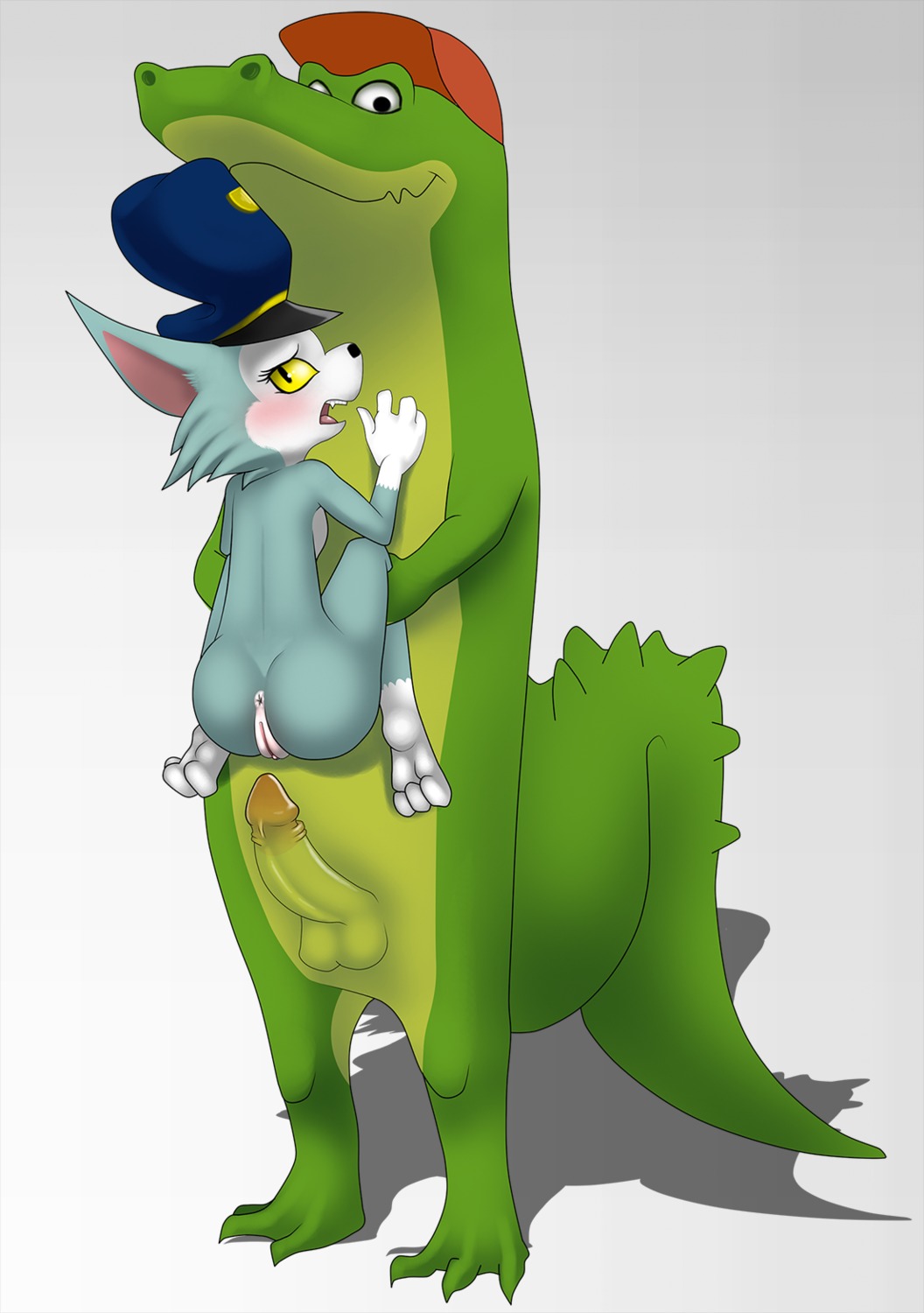 anthro anthro_on_anthro anus balls breasts canid canine carmen_(patrol_03) clothing crocodile crocodilian duo e621 erection female fox genitals hat headgear headwear hi_res humanoid_genitalia humanoid_penis imminent_sex interspecies male male/female mammal mostly_nude patrol_03 penis police reptile scalie sex shadow simple_background smile snap_(patrol_03) stand_and_carry_position standing standing_sex unknown_artist vulva yellow_eyes