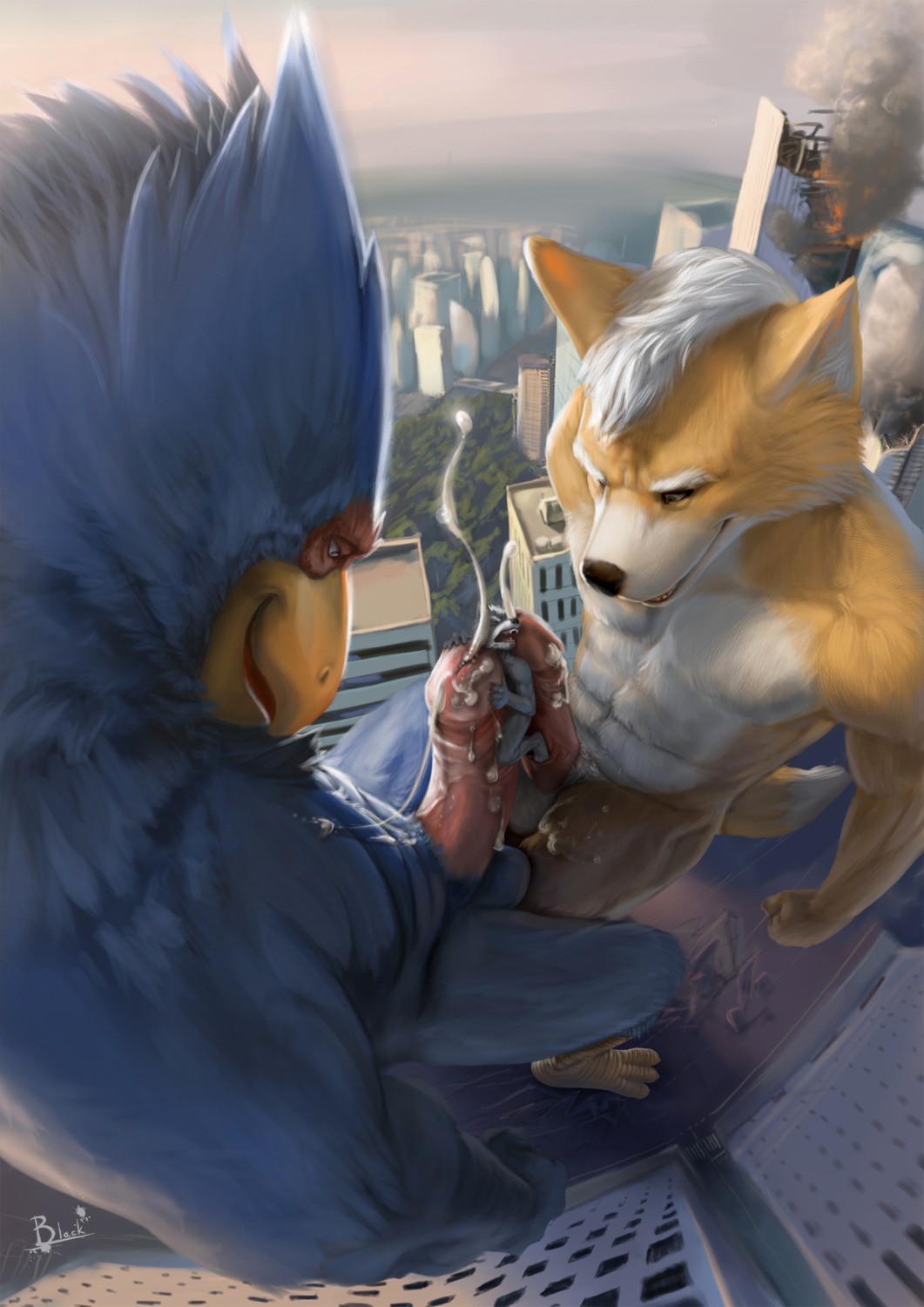 abs animal_genitalia anthro anthro_on_anthro avian balls beak biceps big_penis bird blue_body blue_eyes blue_feathers bodily_fluids brown_body brown_fur canid canine canis city cityscape countershading cum cum_on_belly cum_on_body cum_on_chest cum_on_leg cum_on_penis cum_on_self cum_string cumshot destruction e621 ejaculation erection falco_lombardi fangs feathers fox fox_mccloud frottage fur genital_fluids genitals green_eyes grin group hair hands-free hi_res humanoid_genitalia humanoid_penis interspecies larger_male lion21 macro male male/male mammal micro muscular nintendo nude open_mouth orgasm pecs penile penis penises_touching pose sex sheath size_difference smaller_male smile standing star_fox tan_body tan_fur teeth tongue vein white_body white_fur white_hair wolf wolf_o'donnell