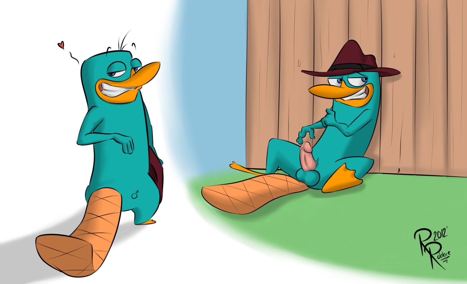 anthro balls clothing disney e621 erection genitals gruine hat headgear headwear heart_symbol hi_res holding_clothing holding_hat holding_headgear holding_headwear holding_object humanoid_genitalia humanoid_penis male mammal monotreme penis perry_the_platypus phineas_and_ferb platypus rotten_robbie signature solo tail tattoo