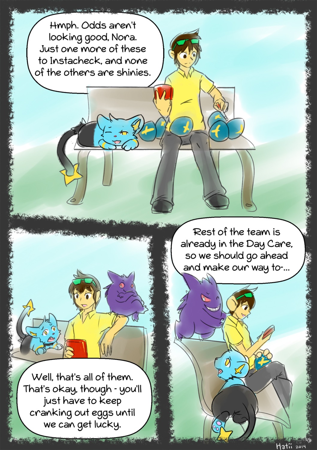 bench black_body black_fur blue_body blue_fur brown_eyes brown_hair clothing comic concern e621 egg english_text eyewear felid female fur gender_transformation generation_1_pokemon generation_4_pokemon gengar genitals group hair hatiimiga hi_res human jaki-kun_(character) male mammal nintendo on_bench park pokemon pokemon_(species) possession red_eyes shinx shirt shocked sunglasses surprised text topwear transformation vulva yellow_clothing yellow_eyes yellow_shirt yellow_topwear