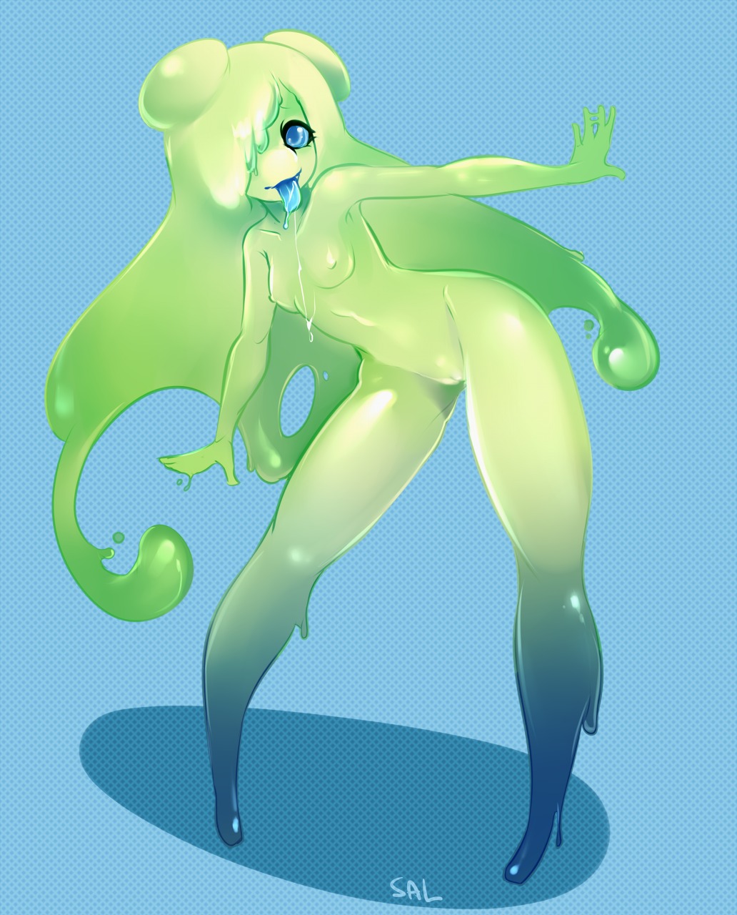 blue_tongue bodily_fluids breasts drooling e621 female genitals goo_creature hi_res looking_at_viewer mustachemutt not_furry nude saliva slime small_breasts solo standing tongue tongue_out vulva