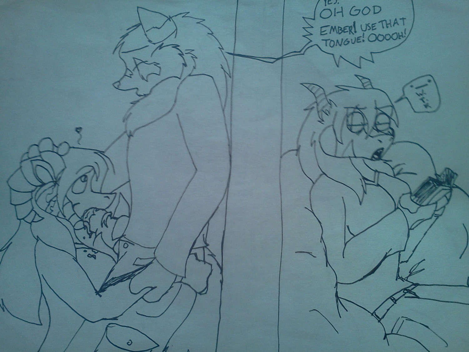 4:3 animal_genitalia animal_penis anthro big_breasts black_and_blue blush bodily_fluids book breasts canid canine canine_genitalia canine_penis claws cum cum_in_mouth cum_inside dialogue dragon e621 emberfang english_text erection fellatio female firefang genital_fluids genitals group hair hi_res horn incest_(lore) interspecies knot lizard male male/female mammal monochrome mythological_creature mythological_scalie mythology oral oral_penetration penetration penile penis redgreenfluffball reptile scalie sex sibling_(lore) text tongue trio zach_snowfox
