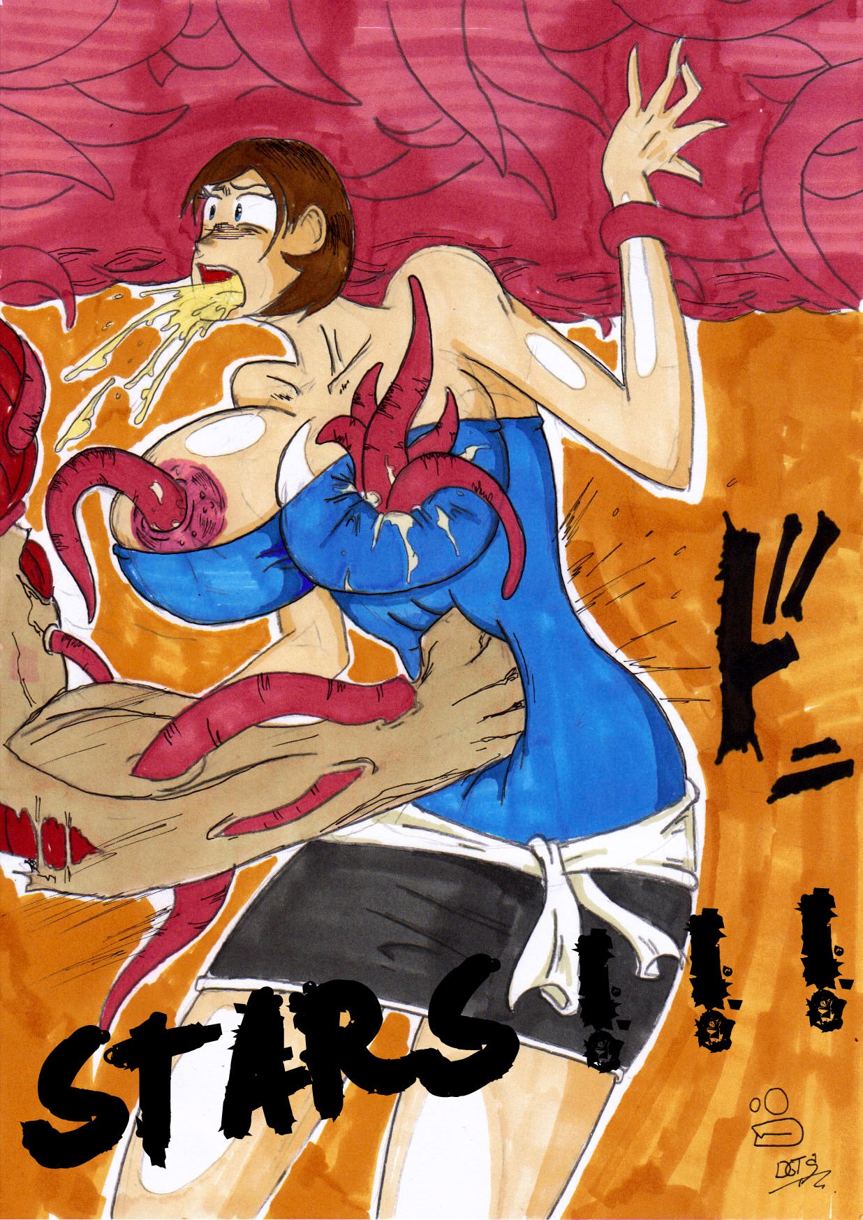 belly_punch creature_inside female jill_valentine jill_valentine_(julia_voth) muscles nemesis_(resident_evil) nipple_penetration nipple_slip parasite resident_evil rule34 ryona tentacles through_clothes violence vomit worm