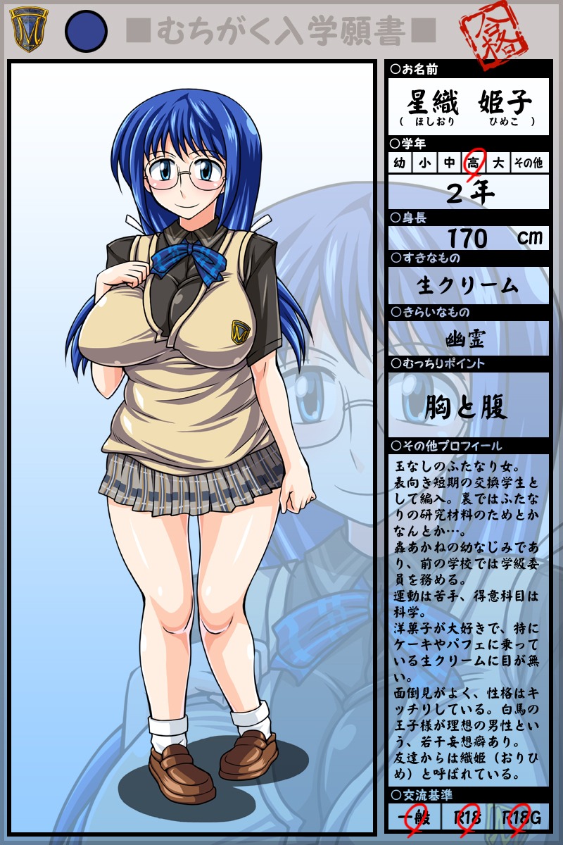 blue_eyes blue_hair blush breasts cardigan female fully_clothed highres himeko_hashiori huge_breasts kurenai_yuuji muchigaku pleated_skirt plump rule34 school_uniform solo translation_request
