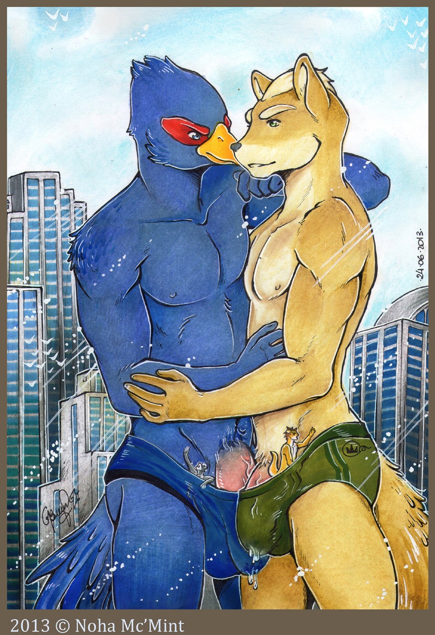 2013 anthro avian beak biceps bird blue_body blue_feathers blue_fur bodily_fluids bulge bulge_frottage canid canine canis city clothed clothing daxterdingo dingo duo e621 falco_lombardi feathers fox fox_mccloud frottage fur genital_fluids genitals half-erect hi_res hug inside_clothing inside_underwear interspecies macro male male/male mammal mcmint micro muscular nintendo nipples pecs penile penis penis_base penises_touching precum precum_through_clothing precum_through_underwear sex side_view size_difference speedo star_fox swimwear topless traditional_media_(artwork) underwear wet wet_clothing wolf wolf_o'donnell yellow_body yellow_fur