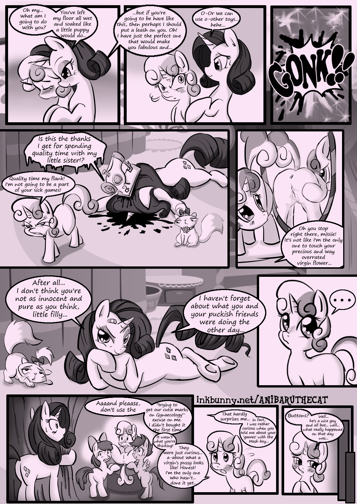 2014 angry anibaruthecat anus apple_bloom_(mlp) band-aid bandage blood bodily_fluids caught_in_the_act collar comic cutie_mark cutie_mark_crusaders_(mlp) digital_media_(artwork) domestic_cat e621 earth_pony ellipsis english_text equid equine eyes_closed feathered_wings feathers felid feline felis female female/female feral friendship_is_magic genitals grin group hair half-closed_eyes hasbro hi_res horn horse inside loli lying mammal mirror monochrome my_little_pony mythological_creature mythological_equine mythology narrowed_eyes on_front opalescence_(mlp) pegasus pony raised_tail rarity_(mlp) scootaloo_(mlp) sewing_machine sibling_(lore) sister_(lore) sisters_(lore) smile spread_legs spreading standing sweat sweetie_belle_(mlp) tail text unicorn url vulva walk-in walking wings young young_female young_feral