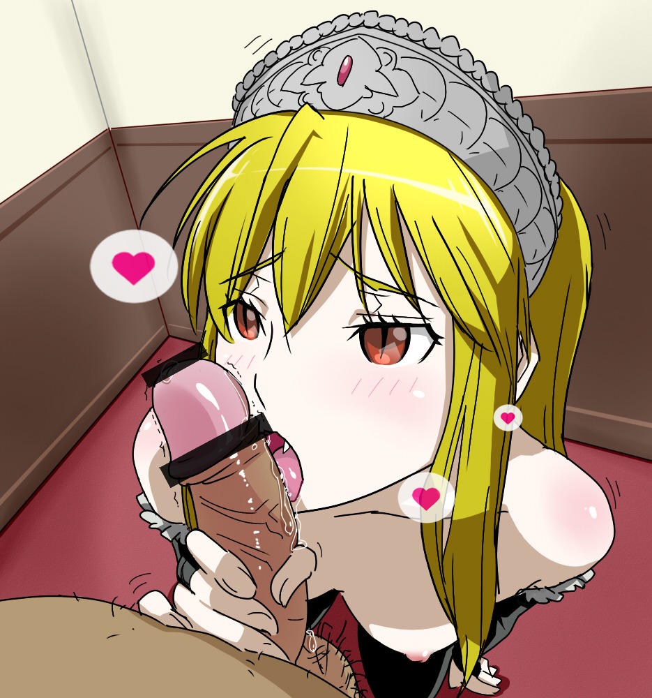 balls bare_shoulders blonde_hair breasts bridal_gauntlets censored cute_fang dark-skinned_male dark_penis dark_skin elbow_gloves fellatio female from_above gloves heart hime_(kaibutsu_oujo) interracial kaibutsu_oujo kneeling licking long_hair male nipples no_bra nyarimia open_mouth oral pale_skin penis precum princess_resurrection red_eyes rule34 saliva slit_pupils small_breasts testicles tiara tongue