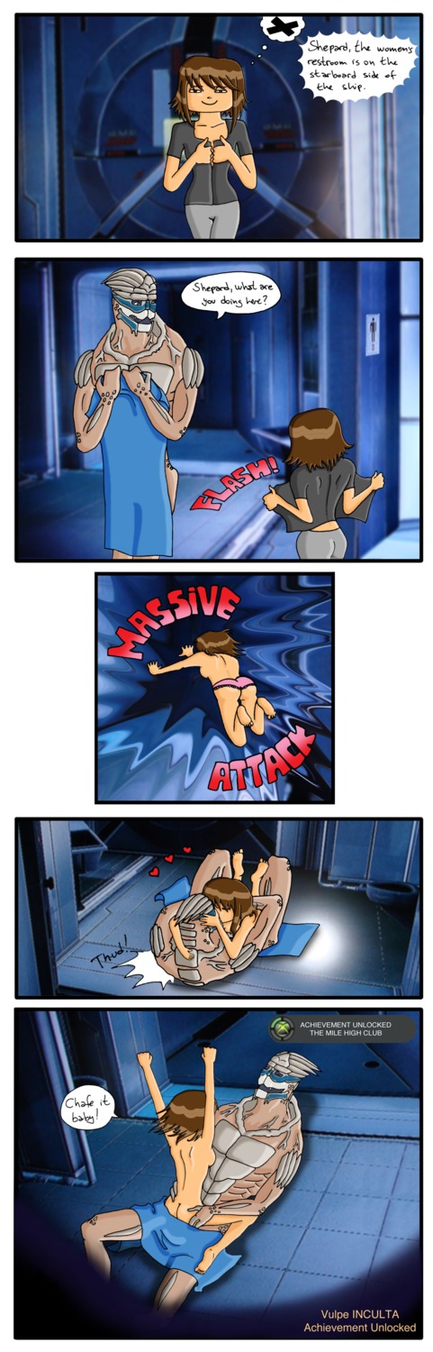1boy 1girls alien alien/human arms_up brown_hair comic commander_shepard female femshep flashing garrus_vakarian human interspecies kissing light-skinned_female light_skin male mass_effect panties rule34 sex speech_bubble text turian