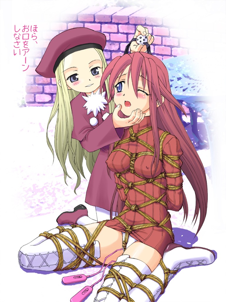 ball_gag beret blonde_hair blue_eyes blush bondage chin_grab crotch_rope erect_nipples female femdom gag hat hishinawa_shibari matanawa multiple_females multiple_girls nipples panties putting_on_gag rule34 spark_utamaro underwear ungagged vibrator yuri