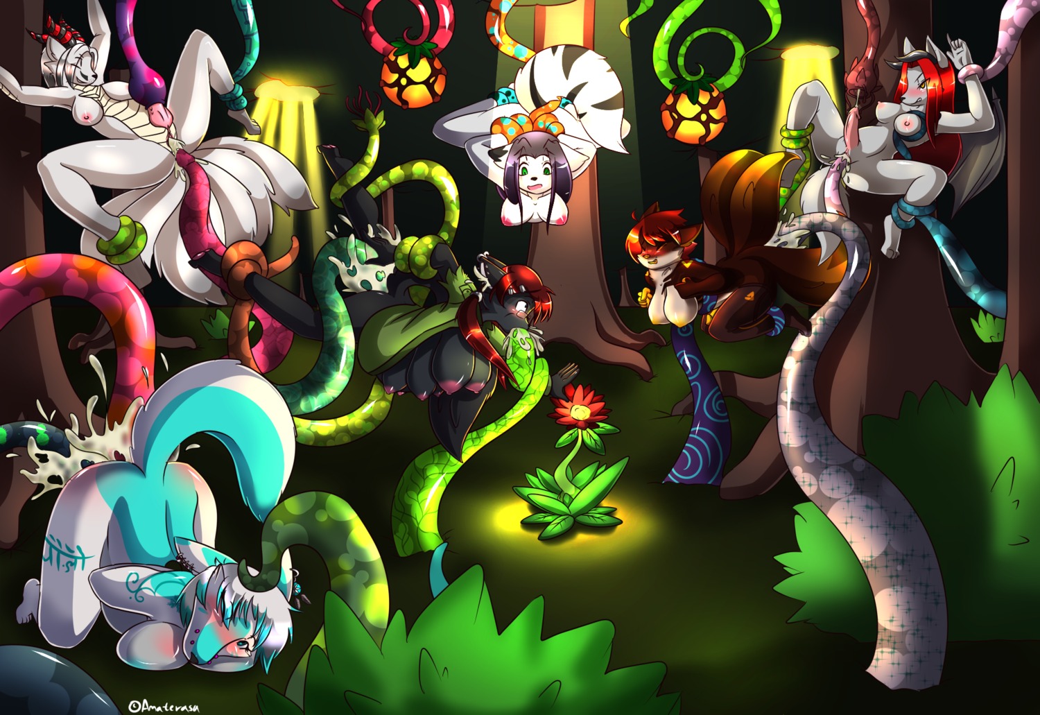 2014 6_breasts amaterasu_(artist) anthro areola artica_sparkle ass_up blush bodily_fluids breasts bridge_piercing canid canine coiling cum cum_in_mouth cum_in_vagina cum_inside cum_while_penetrated cumshot demon detailed_background e621 ear_piercing ejaculation erection eyes_closed eyewear facial_piercing female flower forest genital_fluids genitals glasses grass group gynomorph hair hands-free herm hi_res horn humanoid_genitalia humanoid_penis ice_jogauni intersex mammal membrane_(anatomy) membranous_wings multi_breast multi_nipple multi_tail nature nipples nose_piercing nude on_ground oral oral_penetration orgasm outside penetration penis penis_in_tentacle piercing pink_nipples plant restrained sackless sex sherly_karu shrub skyican smile spread_legs spreading stripes suspension tail tentacle_in_mouth tentacle_penetration tentacle_sex tentacles tree vaginal vaginal_penetration vulva wings