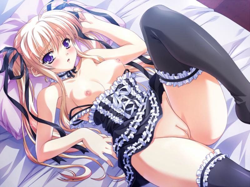 ankoromochi bed black_legwear blonde_hair blue_eyes breasts female hair_ribbon lying nagisano no_panties pointy_chin purple_eyes pussy ribbon rule34 source_request thighhighs tied_hair twintails uncensored yagyuu_aoi
