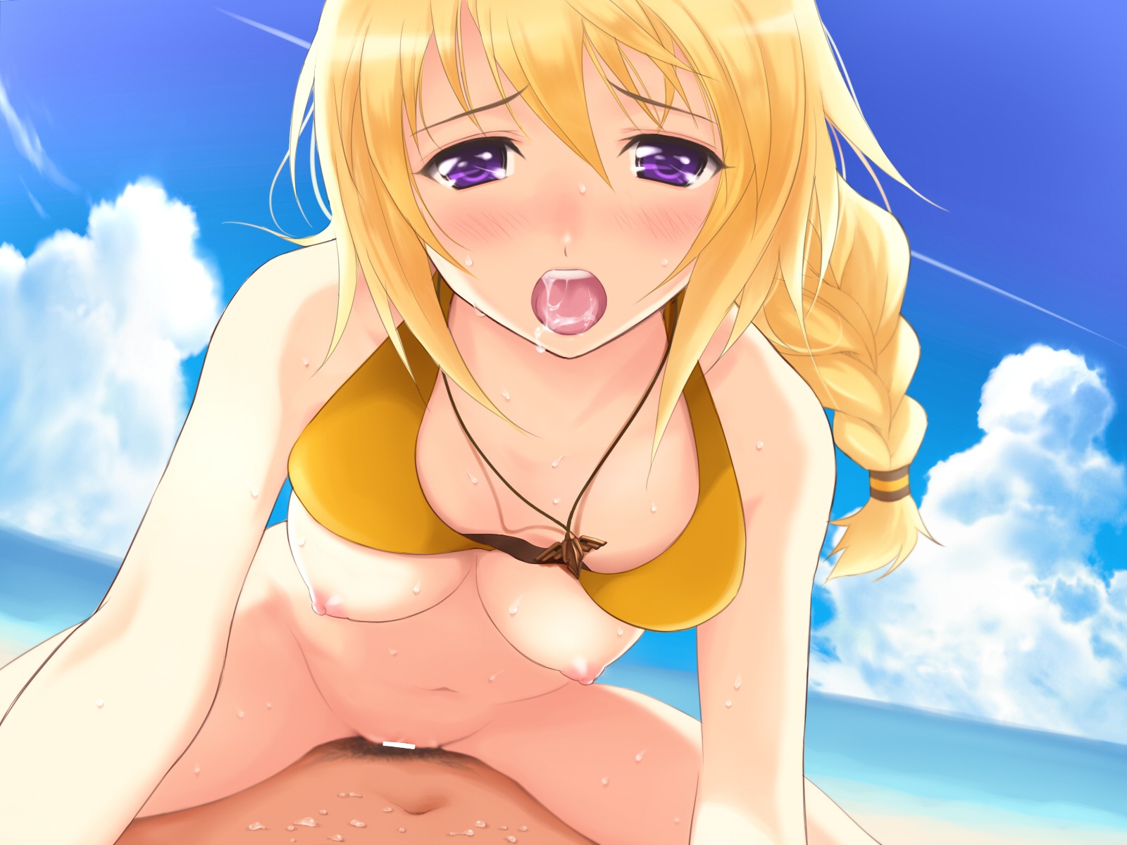 bikini_lift bikini_top blonde_hair blurry blush bottomless braid breasts censored charlotte_dunois cleavage cloud cowgirl_position cum cum_in_mouth depth_of_field female halter_top halterneck highres infinite_stratos jewelry large_breasts long_hair navel nipples nozomi-y open_mouth pendant ponytail pov pubic_hair purple_eyes pussy rule34 saliva sex sitting skirt sky straddle swimsuit tied_hair vaginal_penetration wet