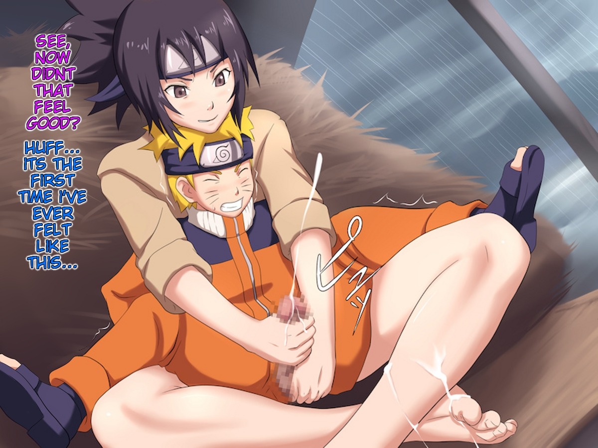 1boy 1girls age_difference blonde_hair brown_eyes brown_hair censored clenched_teeth closed_eyes cum cum_on_foot cum_on_leg cumshot dialogue female femdom handjob makura_no_doushi male mitarashi_anko naruto naruto_(series) older_female ponytail rain reach_around rule34 spread_legs straight text uzumaki_naruto