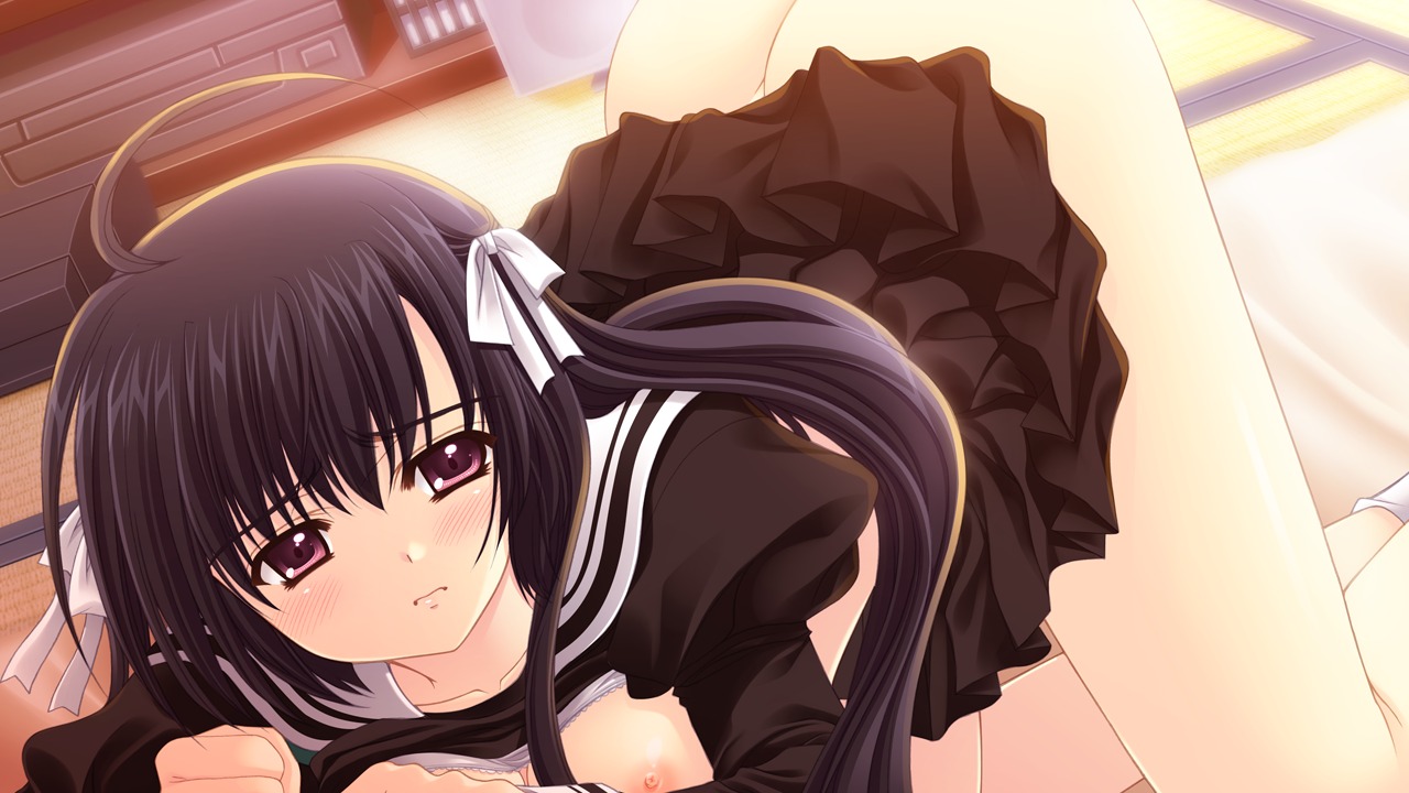 bed black_hair bra breasts female game_cg hananomiya_ako long_hair nipples nishimata_aoi open_clothes open_shirt purple_eyes rule34 seifuku sekai_seifuku_kanojo sex shirt underwear