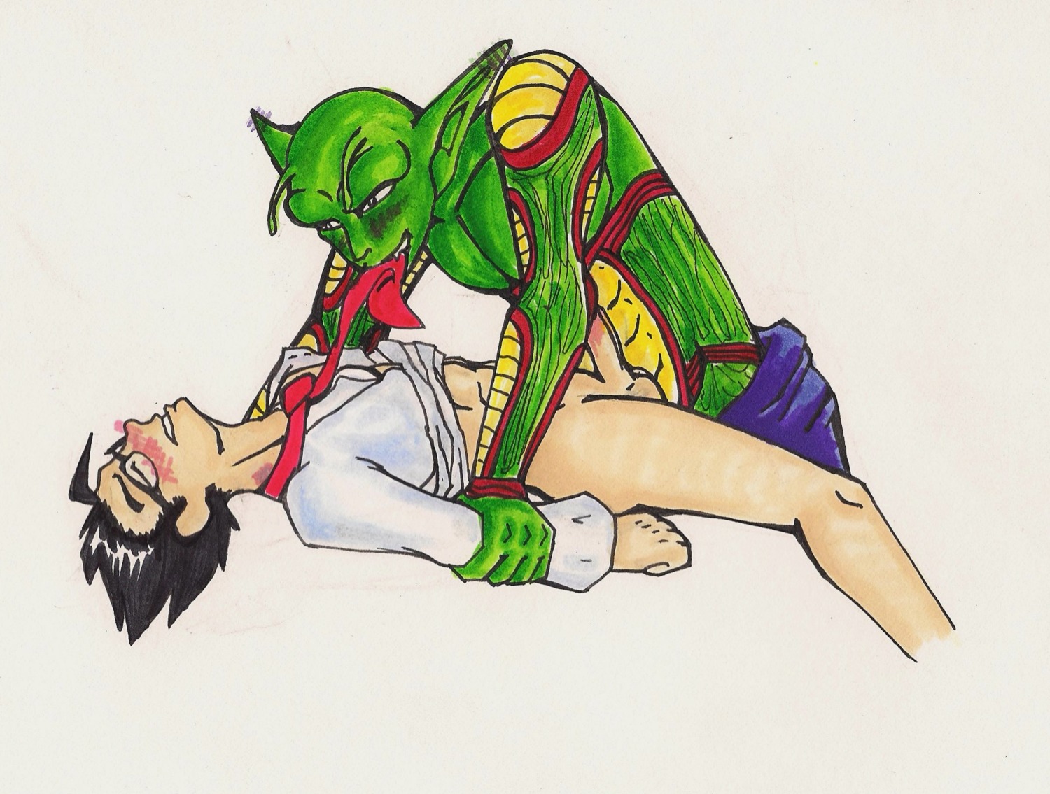 2boys blush boner clothes color dragon_ball dragon_ball_z erection interspecies male male_only missionary multiple_males namekian penis piccolo rule34 sex side_view son_gohan yaoi