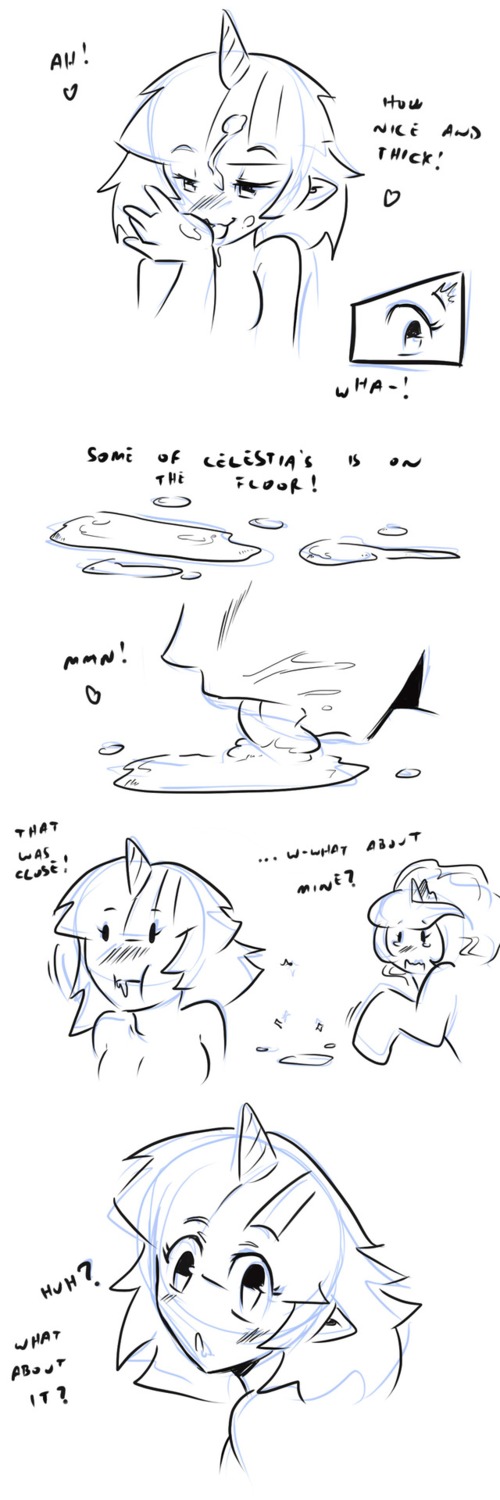 1:3 anthro anthrofied black_and_white blush bodily_fluids breasts cold-blooded-twilight comic cum duo e621 english_text equid equine female friendship_is_magic fur genital_fluids hair hasbro hi_res horn mammal monochrome my_little_pony mythological_creature mythological_equine mythology princess_luna_(mlp) text twilight_sparkle_(mlp) unicorn