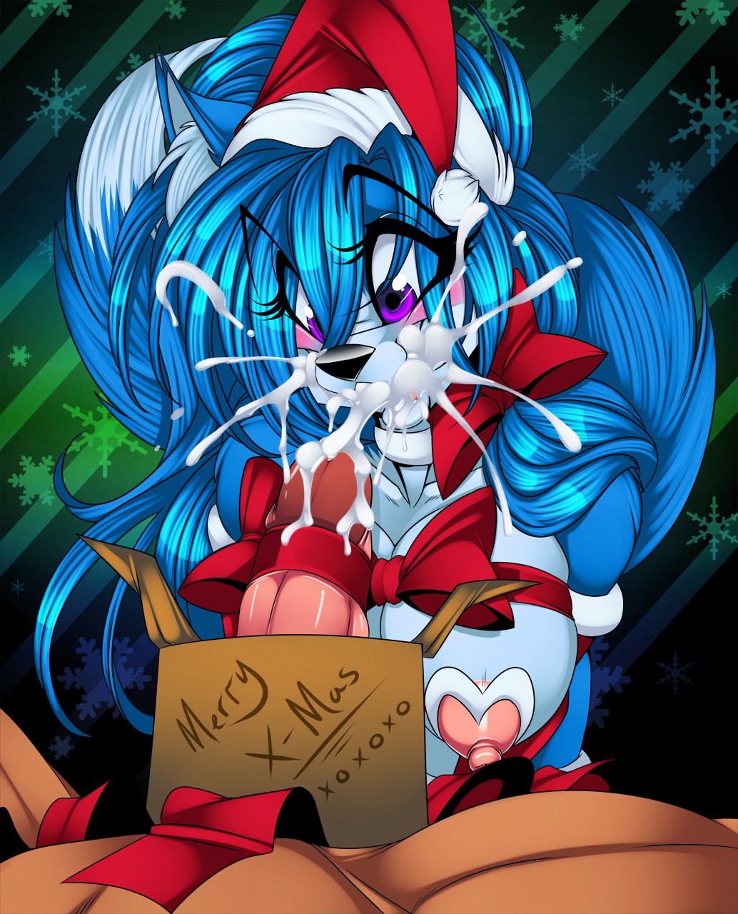 2013 abstract_background accessory anthro areola big_breasts black_nose blue_hair blush bodily_fluids box breasts brown_body brown_skin canid canine christmas clothing container crystal-for-ever cum cum_in_mouth cum_inside cum_on_face cumshot dick_in_a_box digital_media_(artwork) duo e621 ejaculation erection female fox genital_fluids genitals gift hair hat headgear headwear hi_res holidays humanoid_genitalia humanoid_penis long_hair male mammal messy nipples nude open_mouth orgasm parody penis penis_accessory penis_bow penis_ribbon purple_eyes ribbons simple_background solo_focus tongue unknown_species