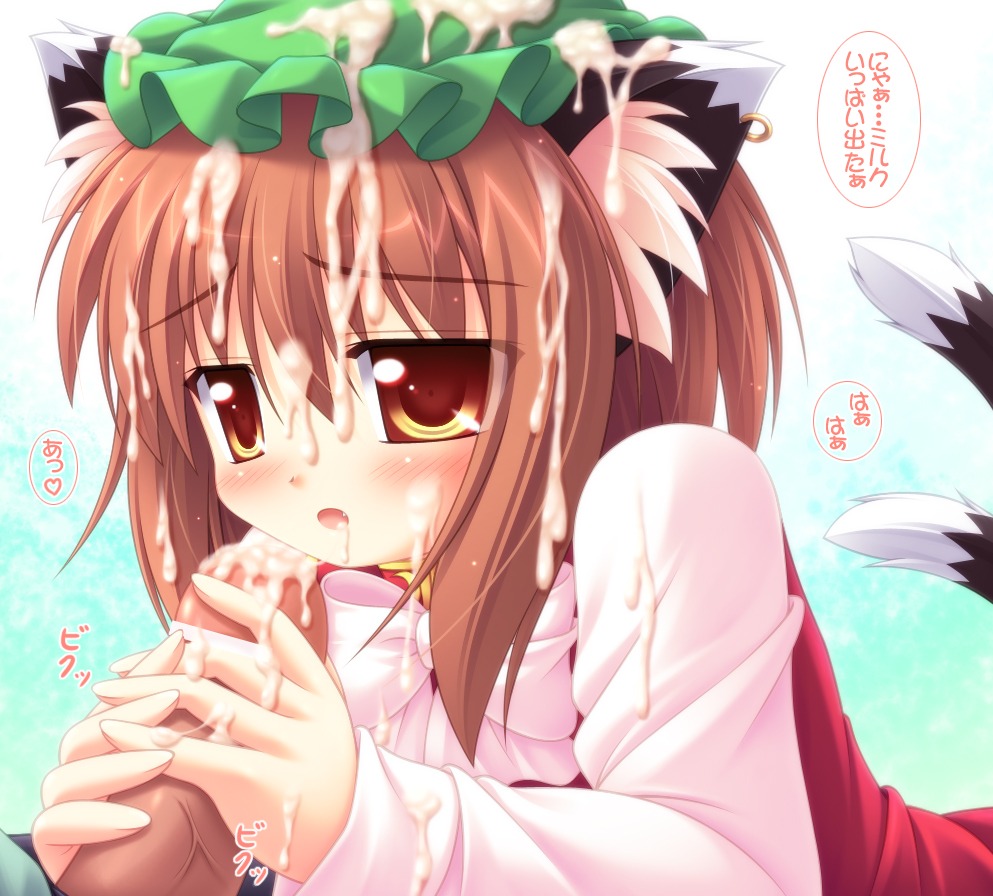 2010s animal_ears blush brown_eyes brown_hair cat_ears cat_tail chen cum cum_on_hair earrings facial female hair handjob jewelry male multi_tail penis rule34 tail tails touhou uncensored yokuran