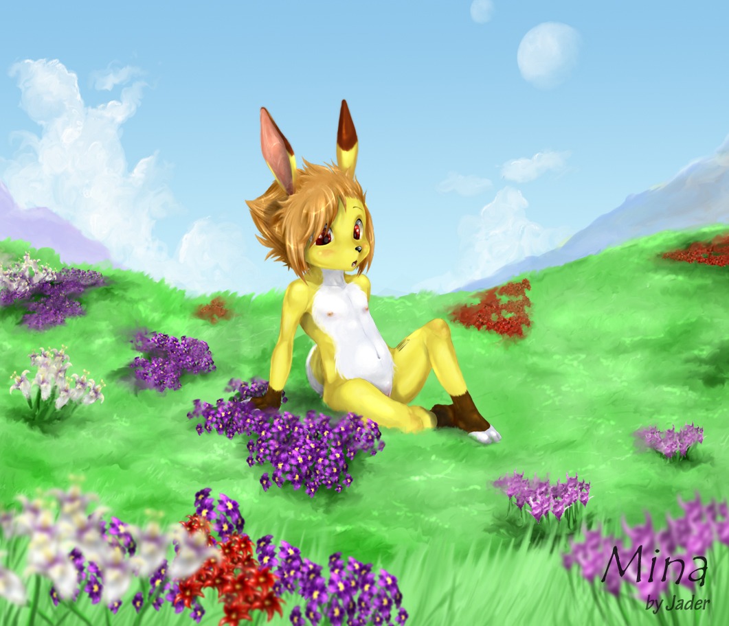 anthro breasts digital_media_(artwork) e621 female field flat_chested flower grass jader lagomorph leporid loli mammal meadow mina_(jader) nipples nude outside plant rabbit red_eyes scenery solo young young_anthro young_female