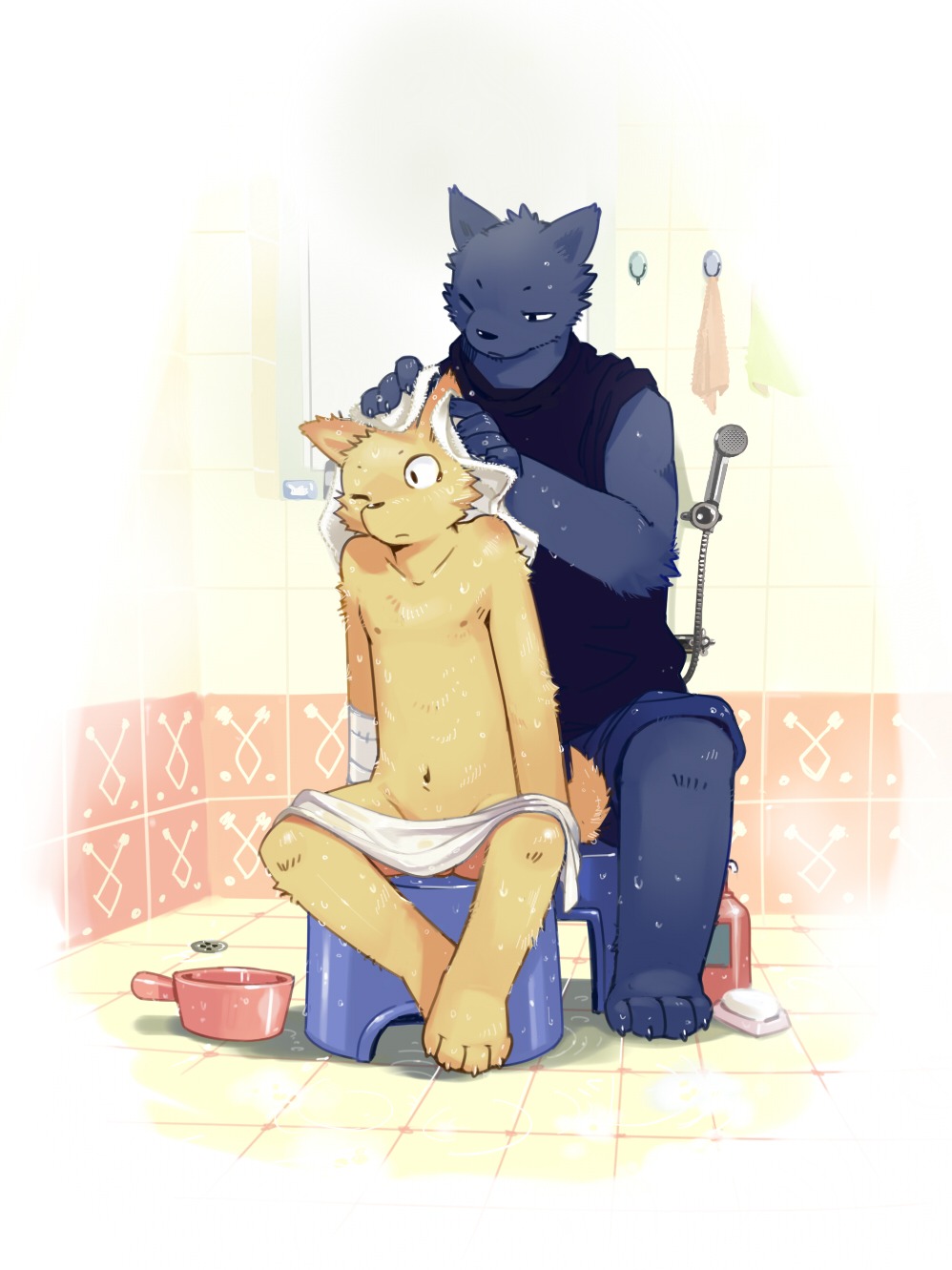 4_toes anthro assisted_bathing balls barefoot barely_visible_balls barely_visible_genitalia bathing bathroom blue_body blue_fur bottomwear canid canine canis casual_nudity claws cleaning clothing domestic_dog drying drying_fur duo e621 feet fffffolder fox fur genitals hi_res kemono looking_at_another male mammal navel one_eye_closed orange_body orange_fur shirt shorts shower shower_head shower_hose simple_background sitting soap toes topwear towel towel_only water wet white_background wink wolf