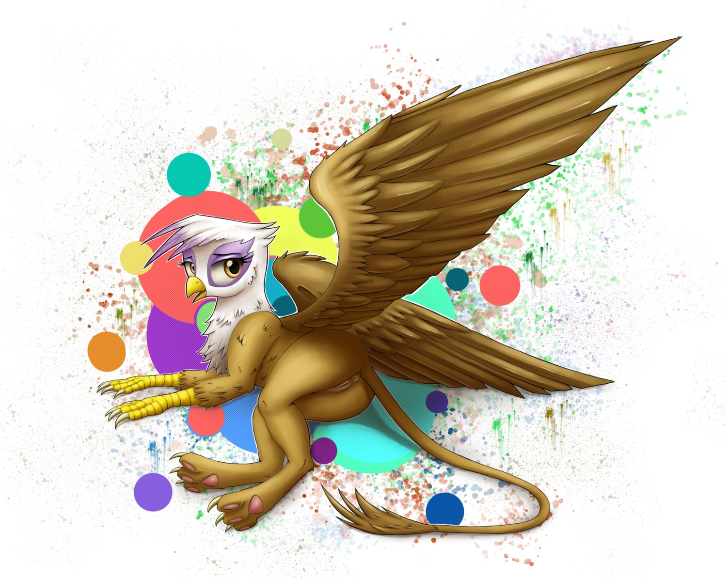 absurd_res anus avian beak brown_body brown_feathers butt e621 feathered_wings feathers female feral friendship_is_magic genitals gilda_(mlp) gryphon hasbro hi_res lying my_little_pony mythological_avian mythological_creature mythology on_side open_mouth paws polkin purple_body purple_feathers solo tail vulva white_body white_feathers wings yellow_eyes