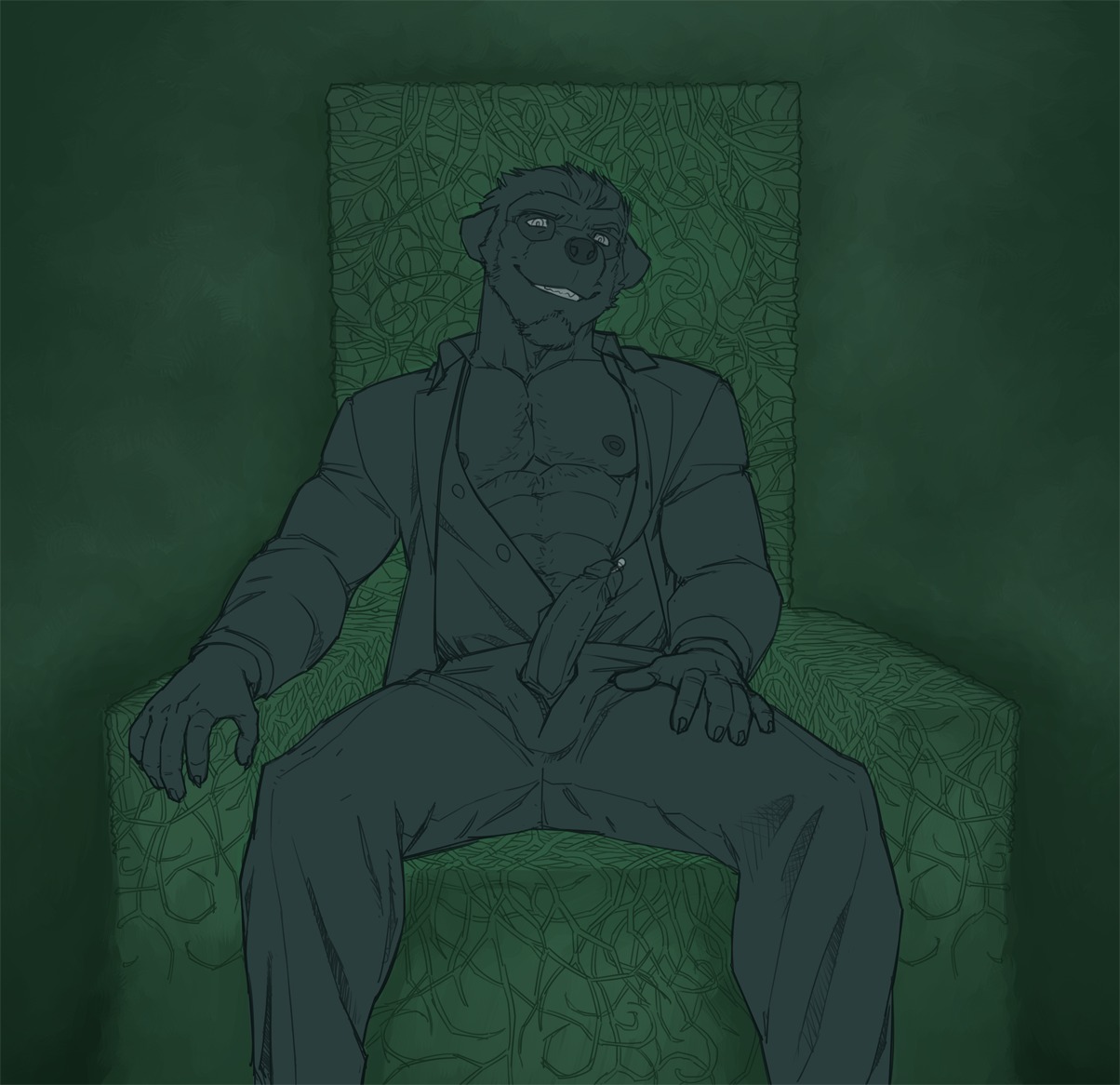 2013 abs anthro athletic biceps biped black_and_green body_hair bottomwear canid canine chair chest_hair clothed clothing e621 erection eyewear facial_hair fangs fur furniture genital_piercing genitals glasses goatee green_background grin humanoid_genitalia humanoid_penis looking_at_viewer male mammal monochrome muscular muscular_anthro nipples onyx_wasson open_clothing open_shirt open_topwear pants partially_clothed pecs penis penis_piercing penis_poking_out penis_through_fly piercing pose presenting prince_albert_piercing raccoon_dog shirt simple_background sitting smile solo spread_legs spreading suit superslickslasher tanuki teeth topwear vein