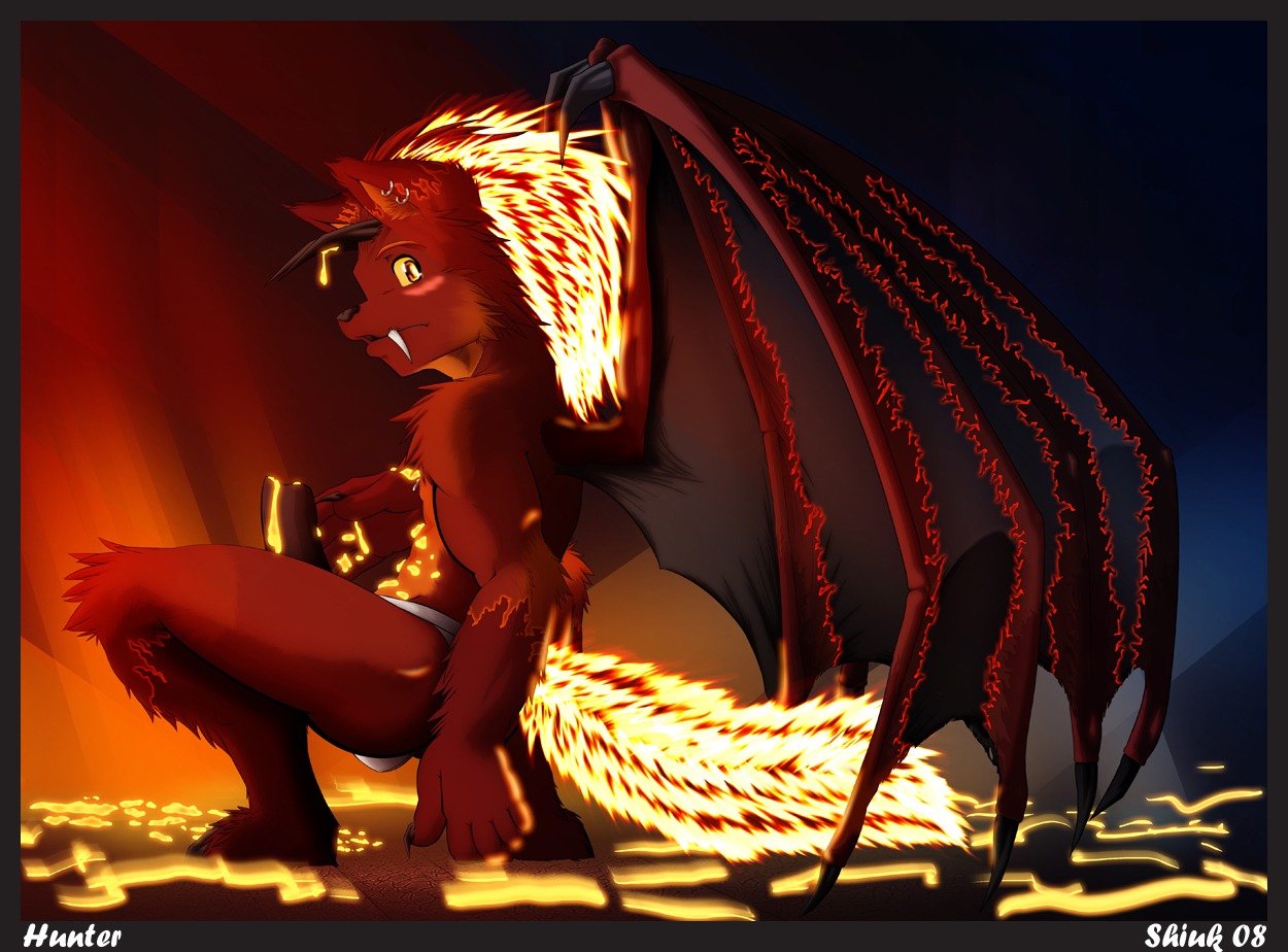 anthro bodily_fluids clothed clothing colored_cum cum demon e621 erection fangs genital_fluids genitals hyper lava lava_cum male membrane_(anatomy) membranous_wings penis penis_poking_out piercing precum shiuk solo teeth topless underwear unusual_bodily_fluids unusual_cum unusual_genital_fluids wings