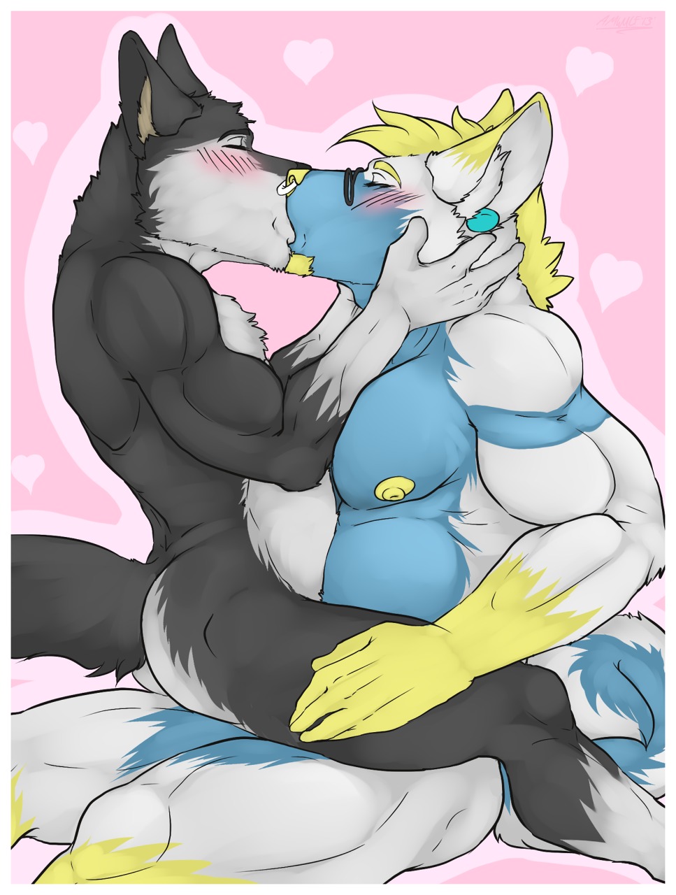 ammy amwulf anthro anthro_on_anthro beard biceps big_muscles blonde_hair blue_body blue_fur blush border butt canid canine canis duo e621 eyewear facial_hair facial_piercing from_front_position fur glasses grey_body grey_fur hair happy happy_sex heart_symbol hi_res holidays intimate kissing male male/male mammal mastery_position muscular muscular_male nipples nose_piercing nose_ring nude on_lap pecs piercing ring_piercing romantic romantic_ambiance romantic_couple septum_piercing sex side_view sitting sitting_on_lap tail valentine's_day white_body white_border white_fur wolf yellow_body yellow_fur yellow_nipples