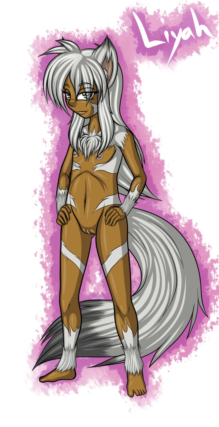 2014 absurd_res anthro barefoot biped canid canine e621 eyebrows eyelashes feet female flat_chested genitals hair hi_res liyah loli long_hair looking_at_viewer mammal nipples nude raccoon_dog solo standing tanuki tanukiarts vulva white_hair young young_anthro young_female